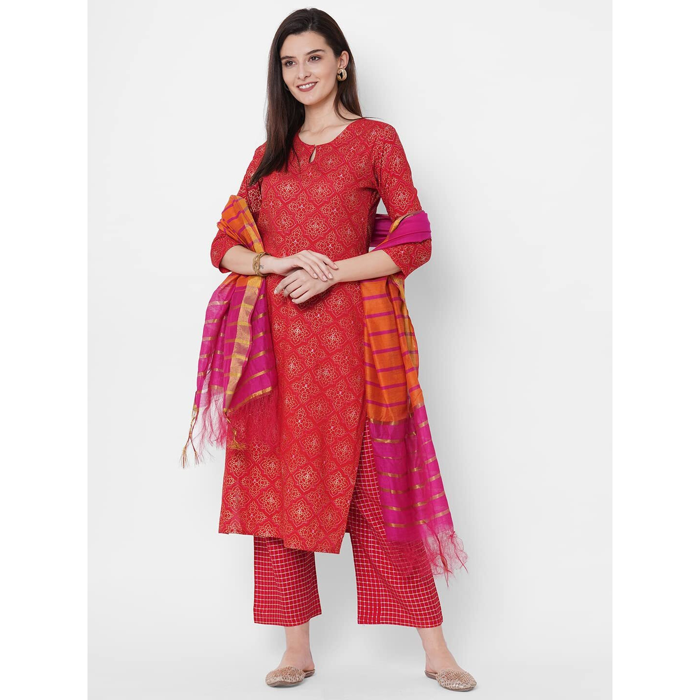 Gosriki Women's Cotton Blend Straight Printed Kurta And Palazzos & Dupatta (Client Nw Red_S-Go_Red_Small)