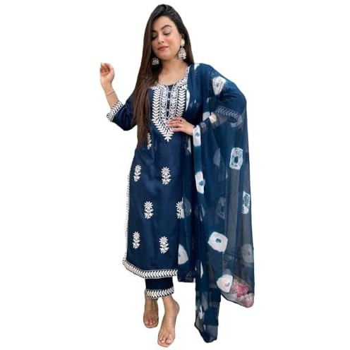 Gosriki Women's Rayon Blend Straight Embroidered Kurta With Pant & Dupatta (Cedar Cerosin-Gs_S_Blue_Small)