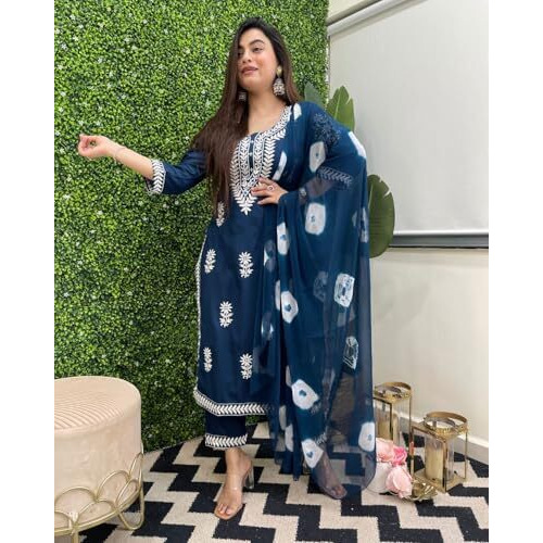 Gosriki Women's Rayon Blend Straight Embroidered Kurta With Pant & Dupatta (Cedar Cerosin-Gs_S_Blue_Small)