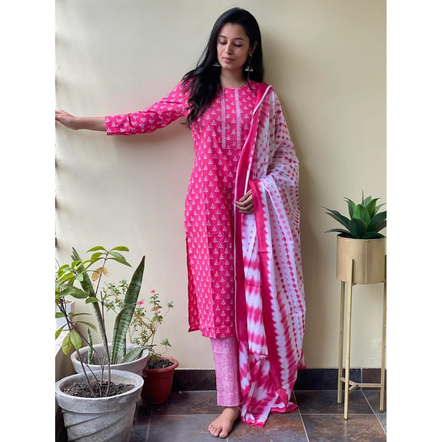 Gosriki Women's Cotton Blend Straight Printed Kurta With Pant & Dupatta (Noor Pink-Gs_M_Pink_Medium)