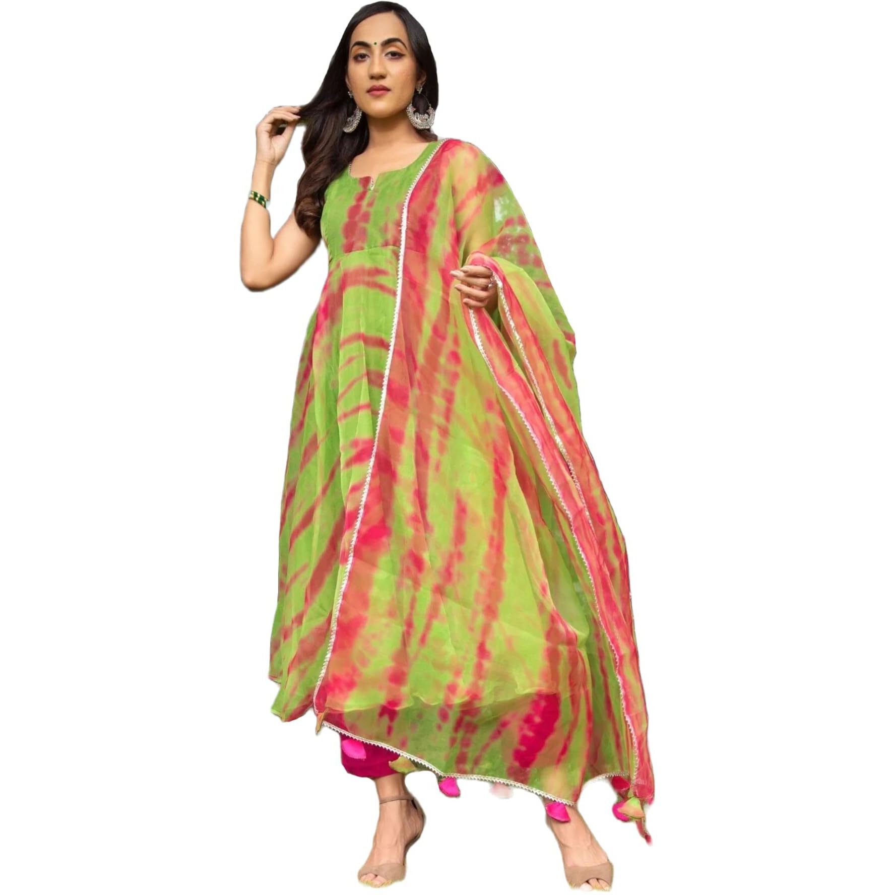 Gosriki Women's Cotton Blend Anarkali Printed Kurta With Pant & Dupatta (Boho-Mehandi-Gs_Xl_Green_X-Large)