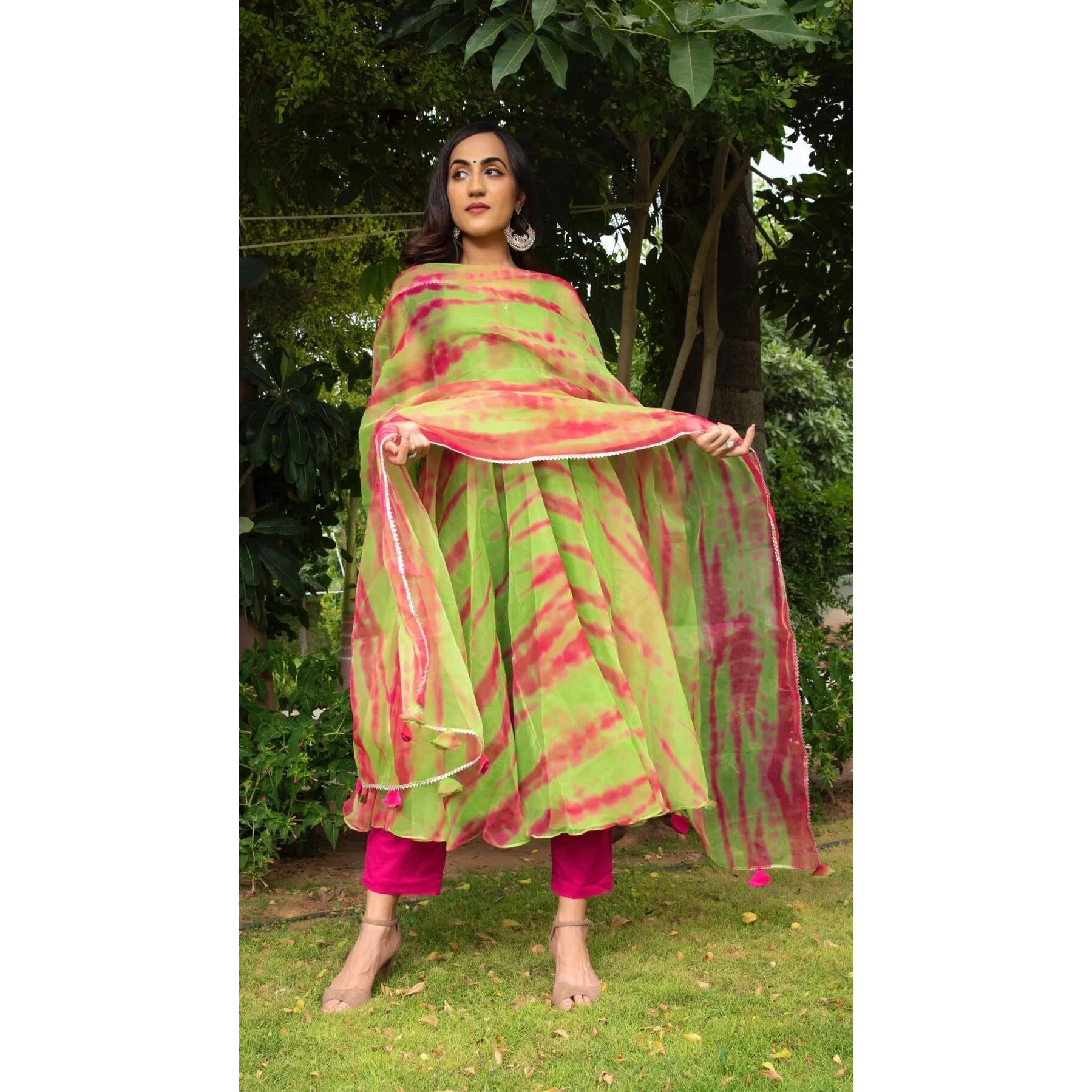 Gosriki Women's Cotton Blend Anarkali Printed Kurta With Pant & Dupatta (Boho-Mehandi-Gs_Xl_Green_X-Large)