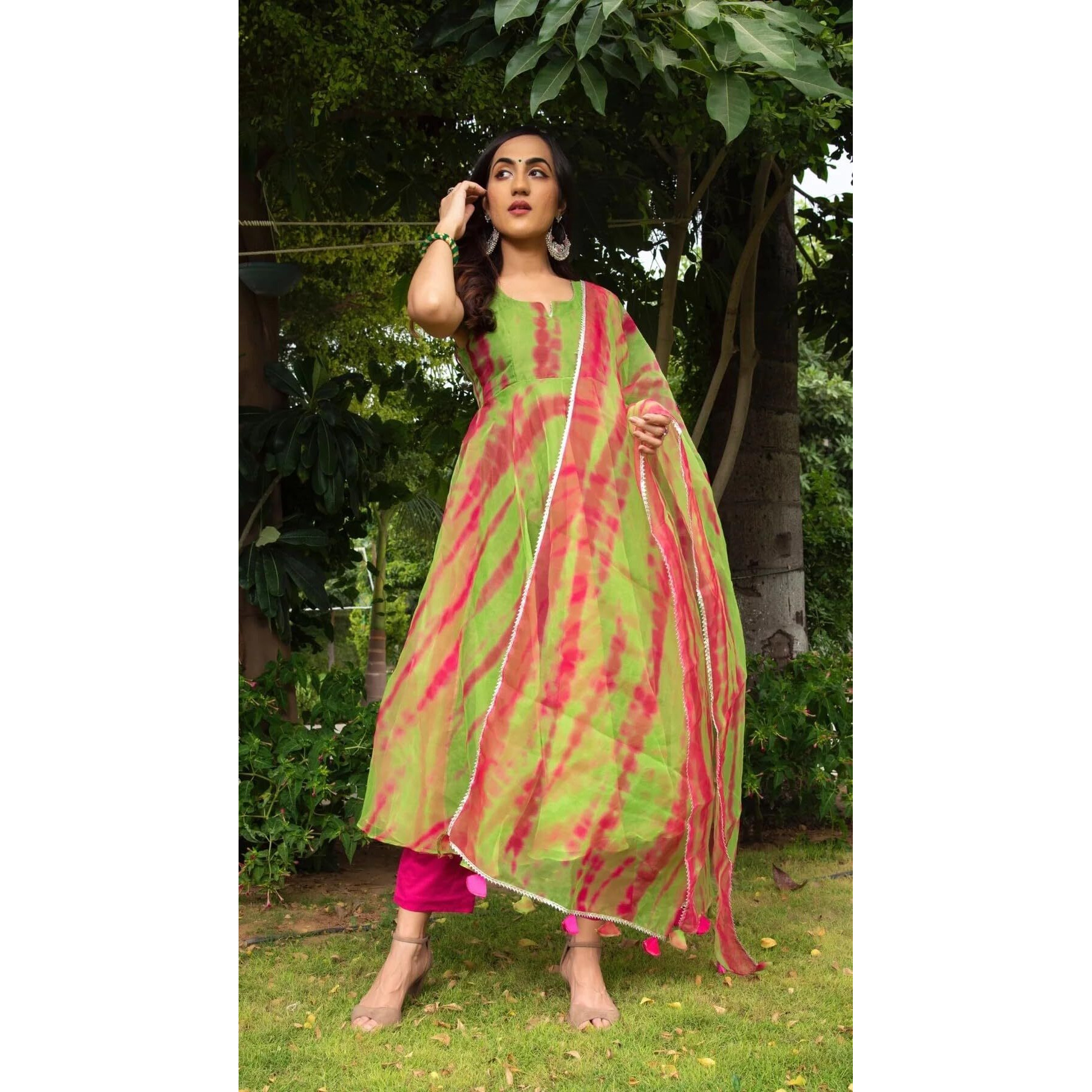 Gosriki Women's Cotton Blend Anarkali Printed Kurta With Pant & Dupatta (Boho-Mehandi-Gs_Xl_Green_X-Large)