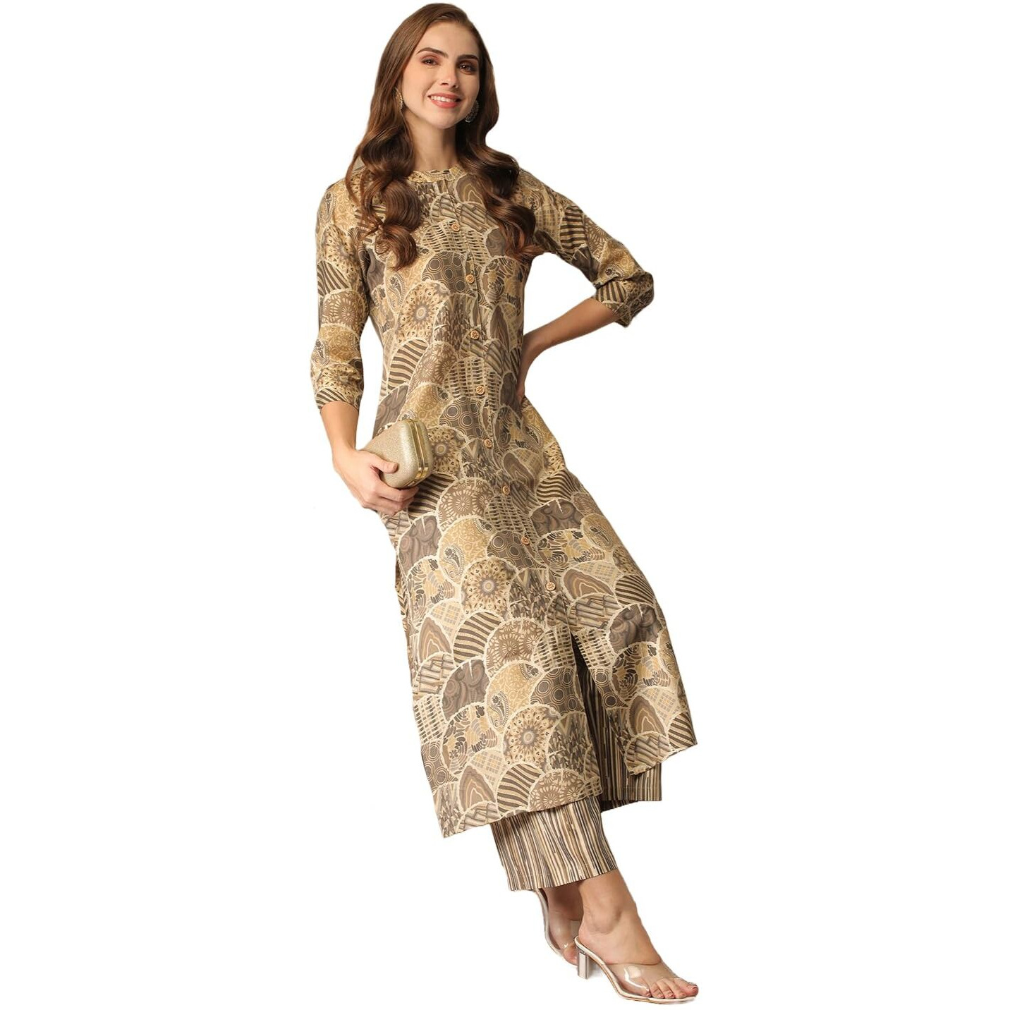 Gosriki Women's Cotton Blend Straight Printed Kurta With Pant (Later Grey-Nj-Gs_Xxl_Grey_Xx-Large)