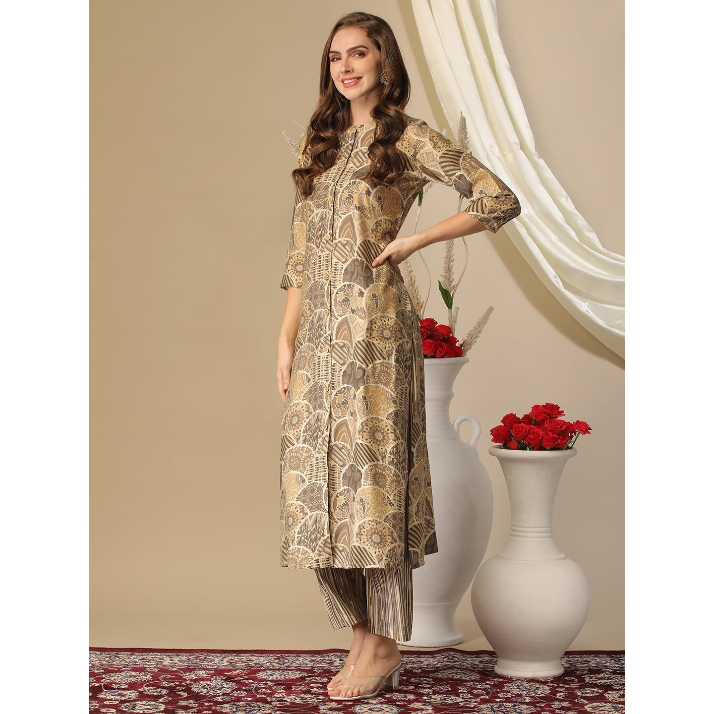Gosriki Women's Cotton Blend Straight Printed Kurta With Pant (Later Grey-Nj-Gs_Xxl_Grey_Xx-Large)