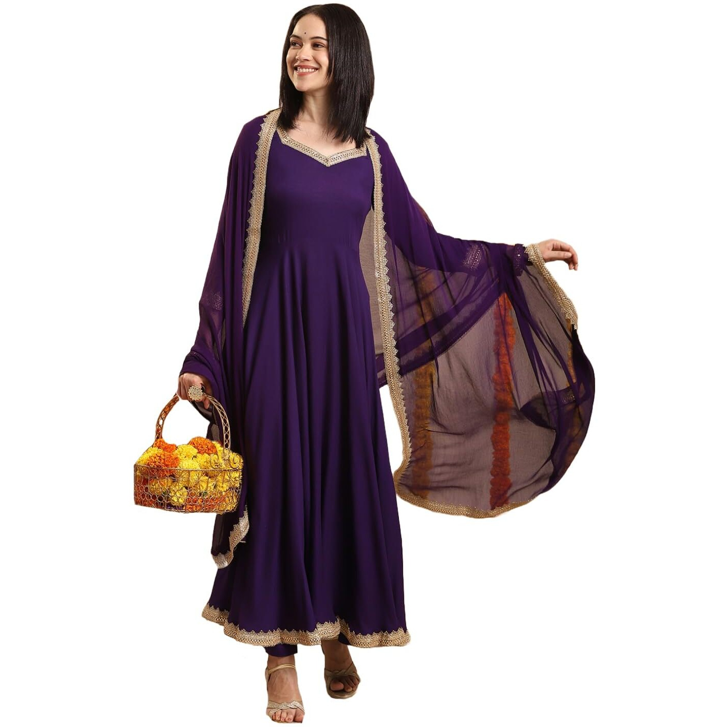 Gosriki Women's Rayon Blend Anarkali Solid Kurta With Pant & Dupatta (Shyam Begani-Vks02-Gs_Xl_Begani_X-Large)