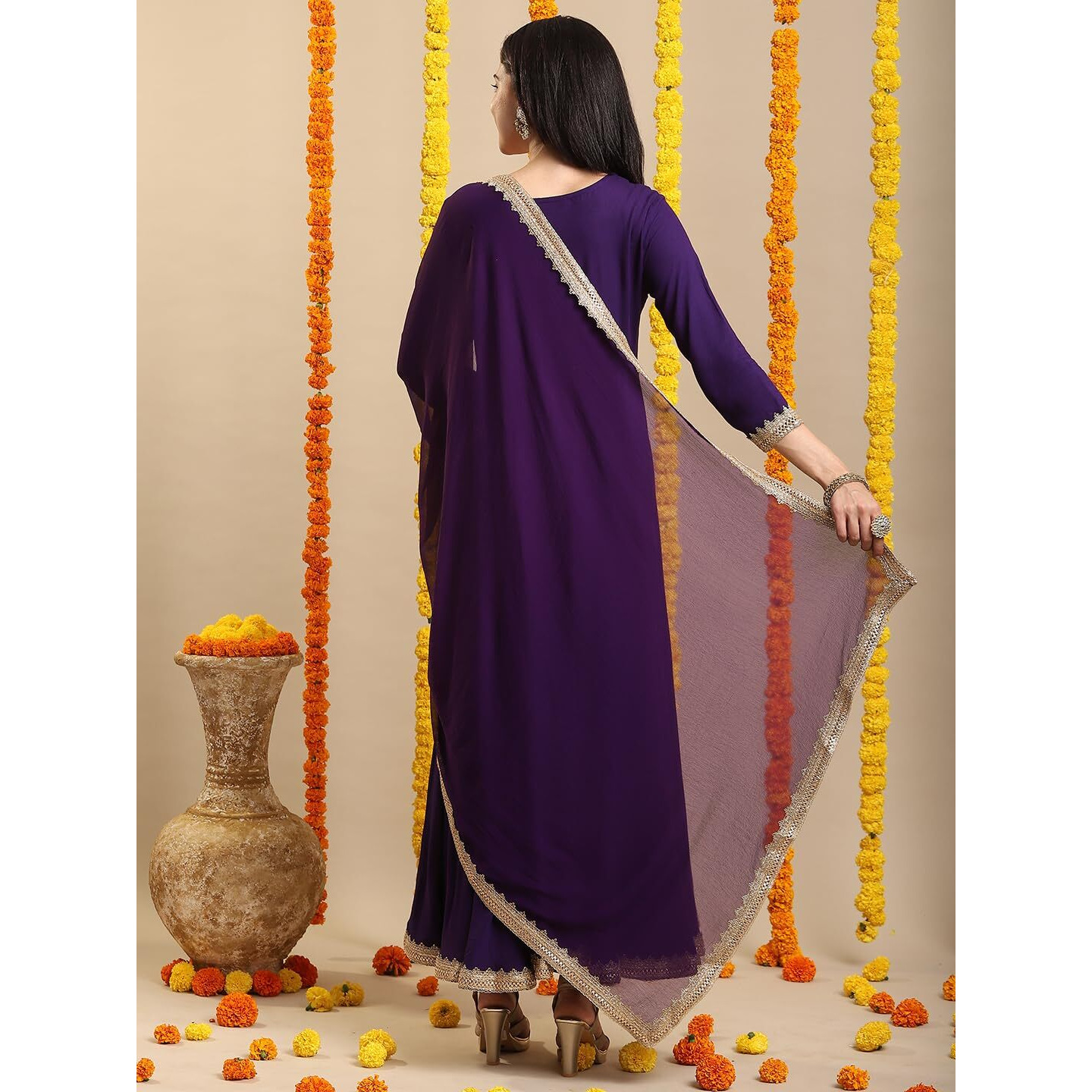 Gosriki Women's Rayon Blend Anarkali Solid Kurta With Pant & Dupatta (Shyam Begani-Vks02-Gs_Xl_Begani_X-Large)