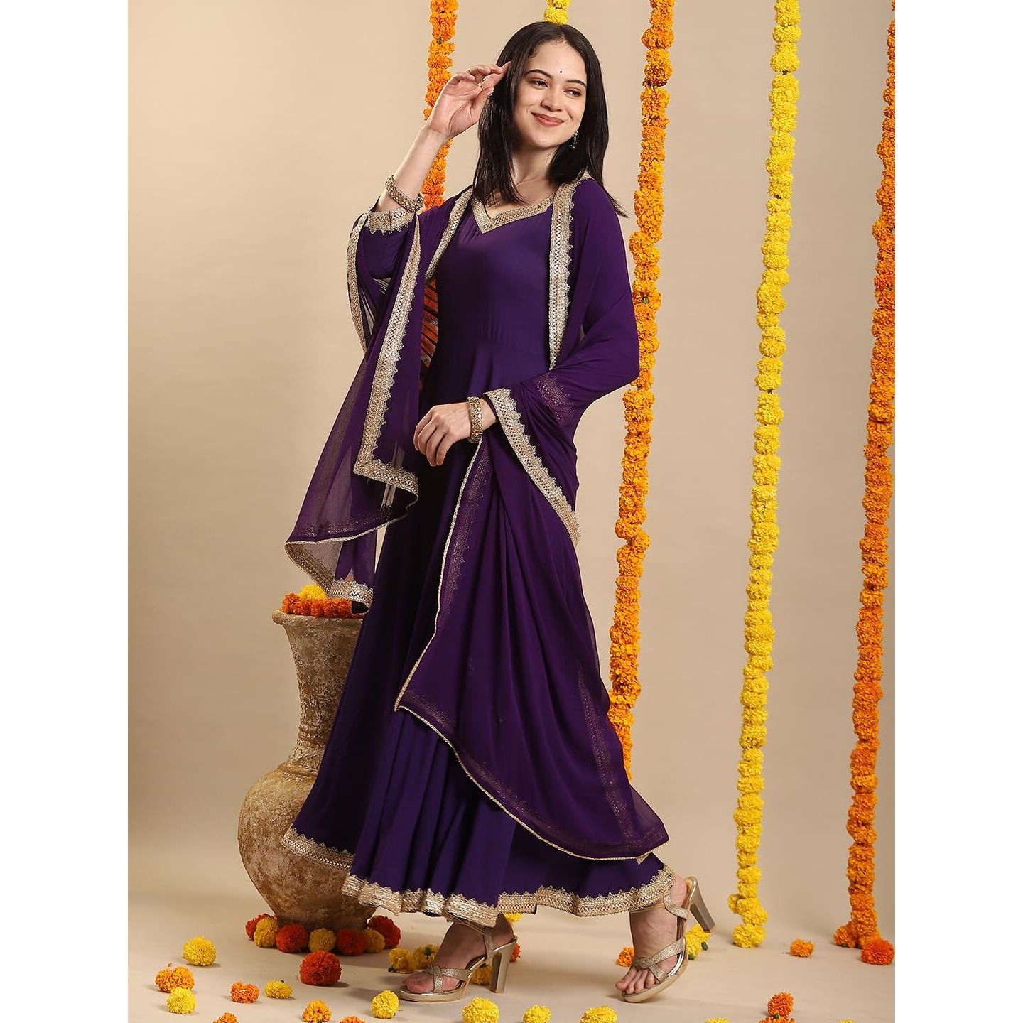 Gosriki Women's Rayon Blend Anarkali Solid Kurta With Pant & Dupatta (Shyam Begani-Vks02-Gs_Xl_Begani_X-Large)