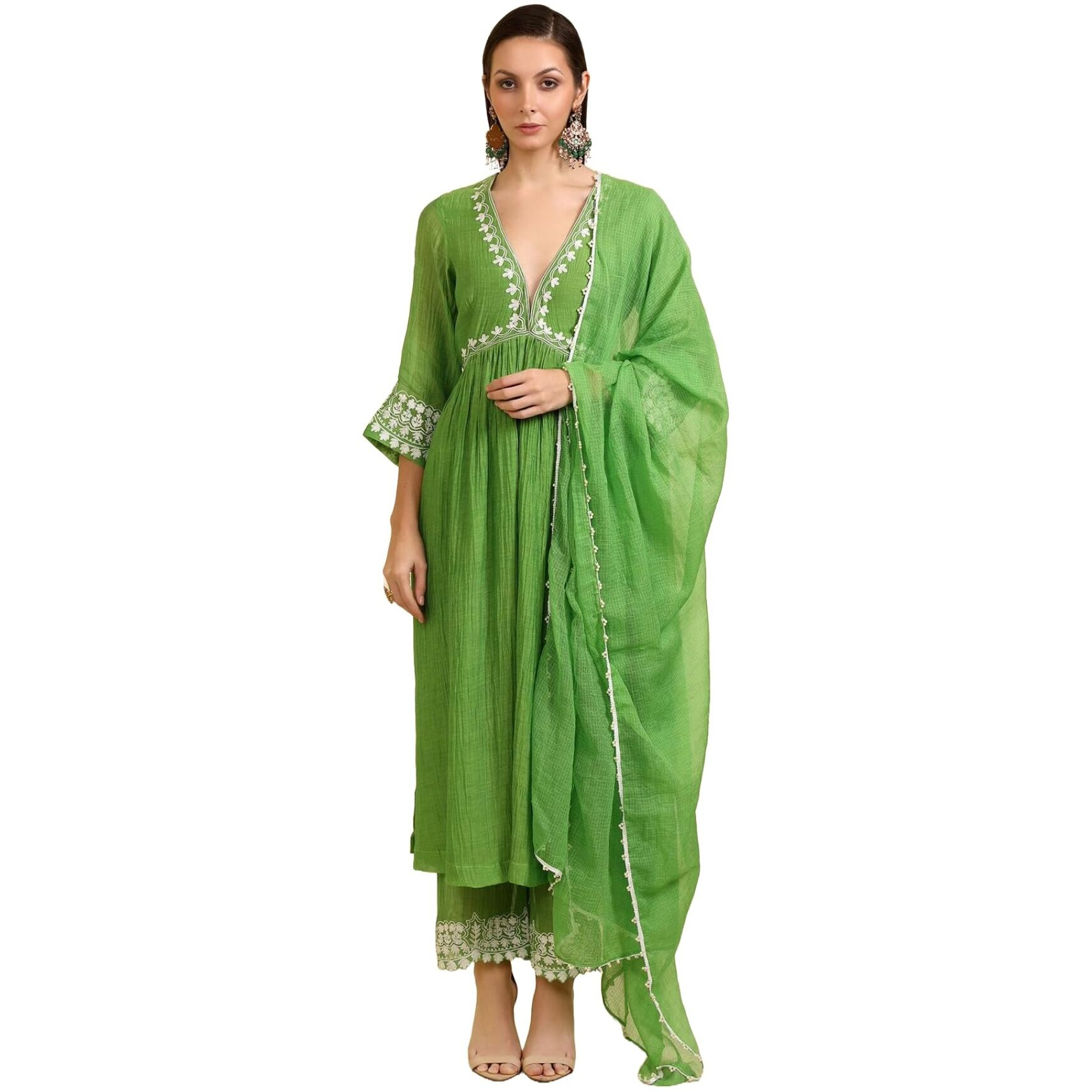 Gosriki Women's Rayon Blend Anarkali Embroidered Kurta With Pant & Dupatta (Niket Green-Vks01-Gs_S_Green_Small)