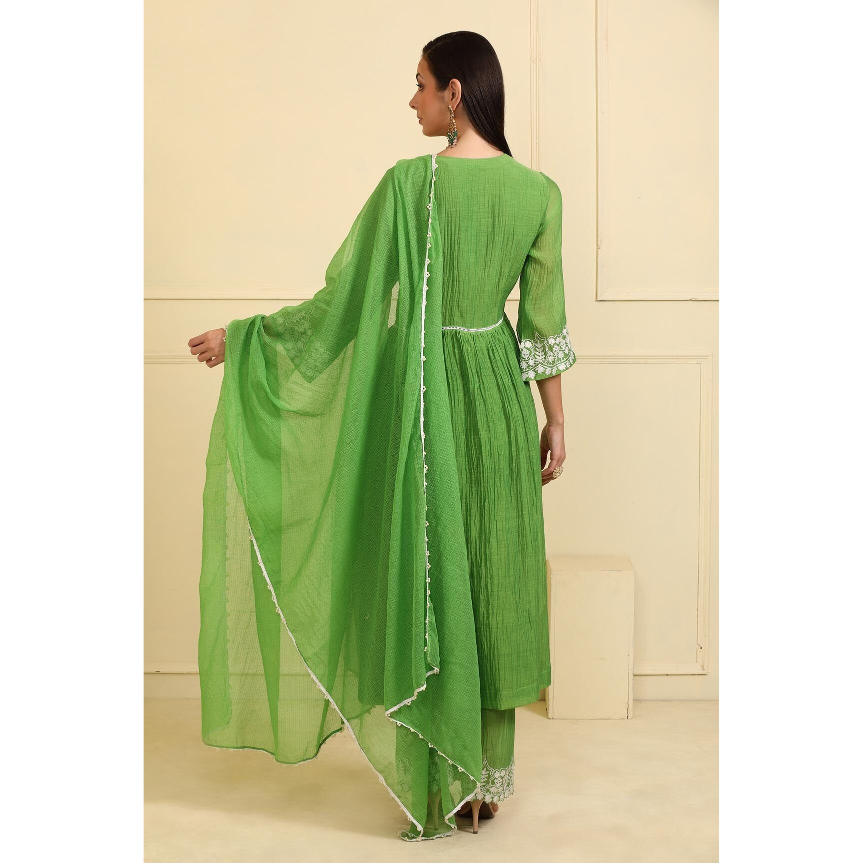 Gosriki Women's Rayon Blend Anarkali Embroidered Kurta With Pant & Dupatta (Niket Green-Vks01-Gs_S_Green_Small)