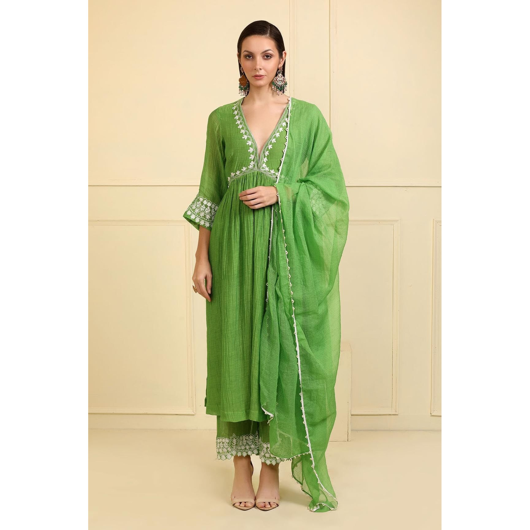 Gosriki Women's Rayon Blend Anarkali Embroidered Kurta With Pant & Dupatta (Niket Green-Vks01-Gs_S_Green_Small)