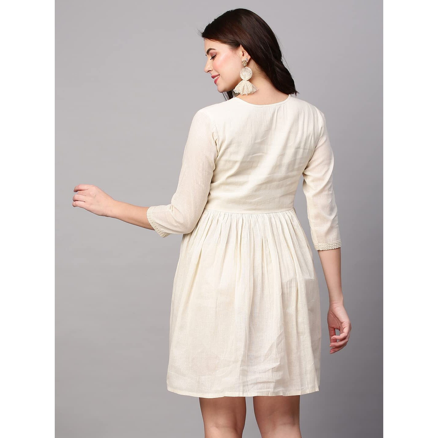 Gosriki Women's Pure Cotton Flounce Sleeve Embroidery Ruffle Smock Dress (Uljhan-Dress-Cream_S-Gs_Cream_Small)
