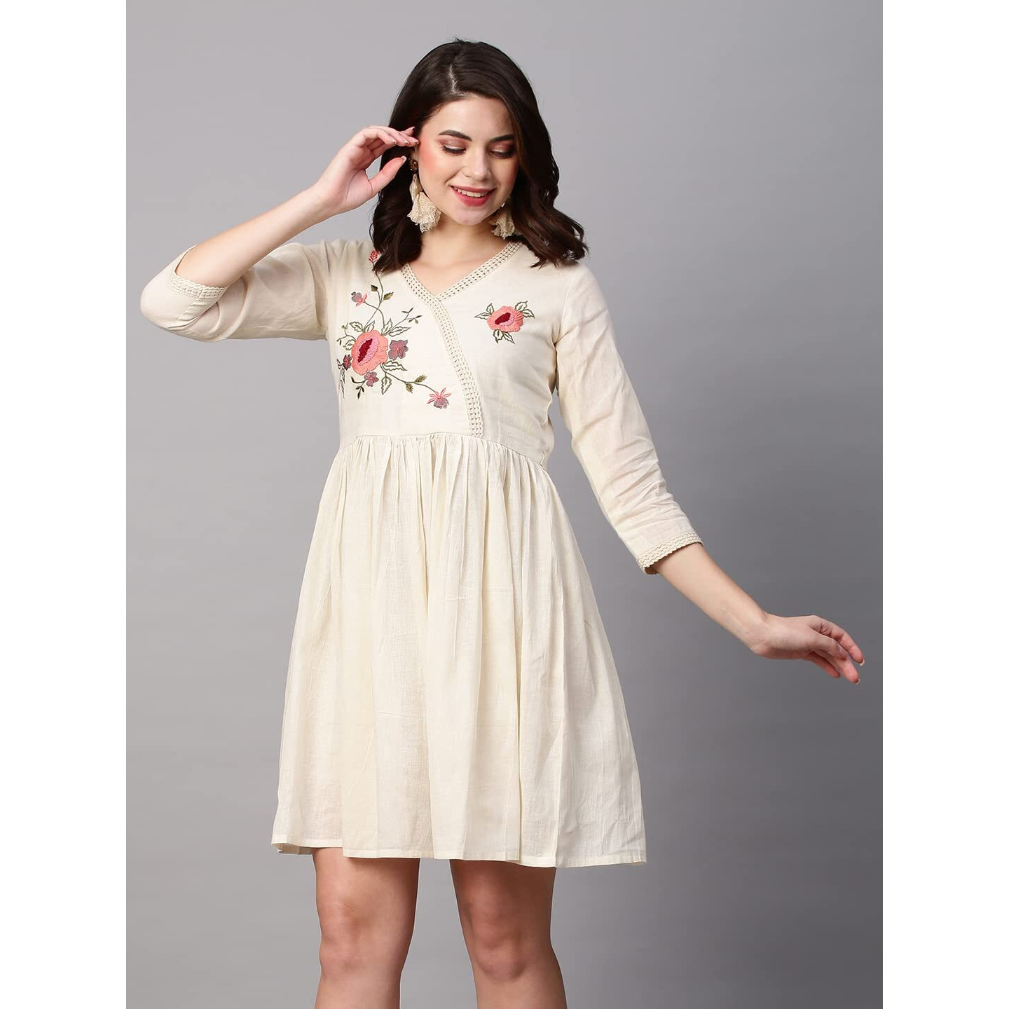 Gosriki Women's Pure Cotton Flounce Sleeve Embroidery Ruffle Smock Dress (Uljhan-Dress-Cream_S-Gs_Cream_Small)
