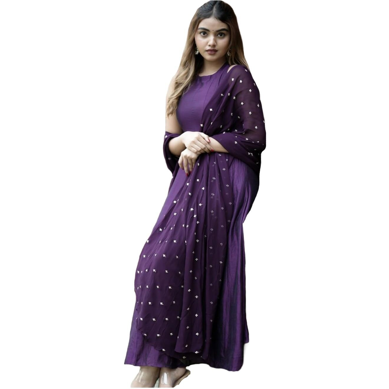 Gosriki Women's Rayon Blend Anarkali Solid Kurta With Pant & Dupatta (Namkot Blue-Gs_L_Blue_Large)