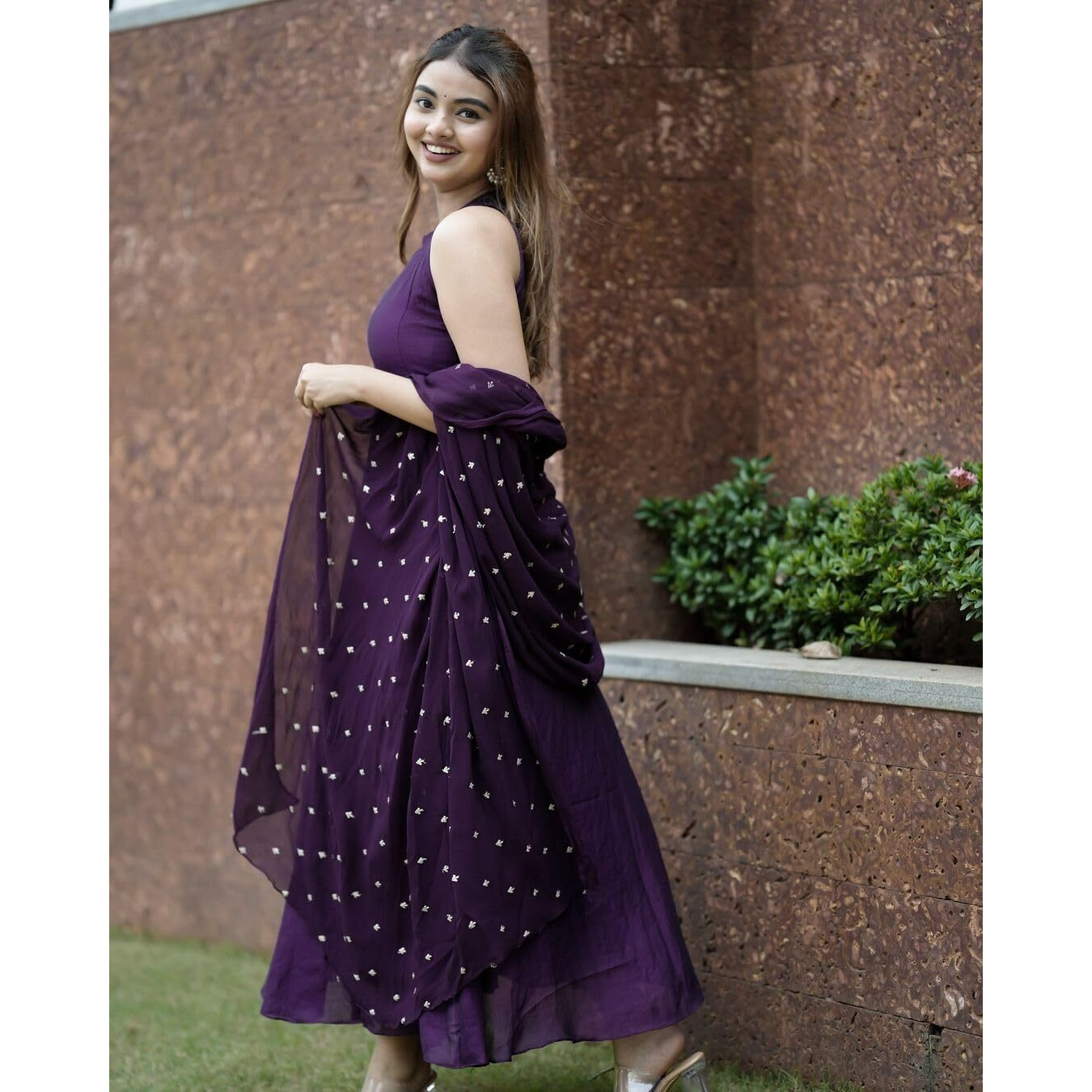 Gosriki Women's Rayon Blend Anarkali Solid Kurta With Pant & Dupatta (Namkot Blue-Gs_L_Blue_Large)