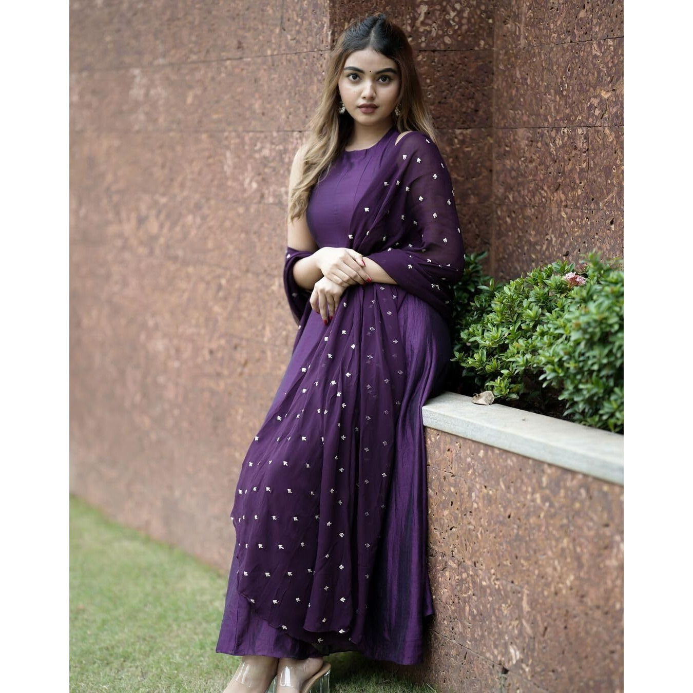 Gosriki Women's Rayon Blend Anarkali Solid Kurta With Pant & Dupatta (Namkot Blue-Gs_L_Blue_Large)