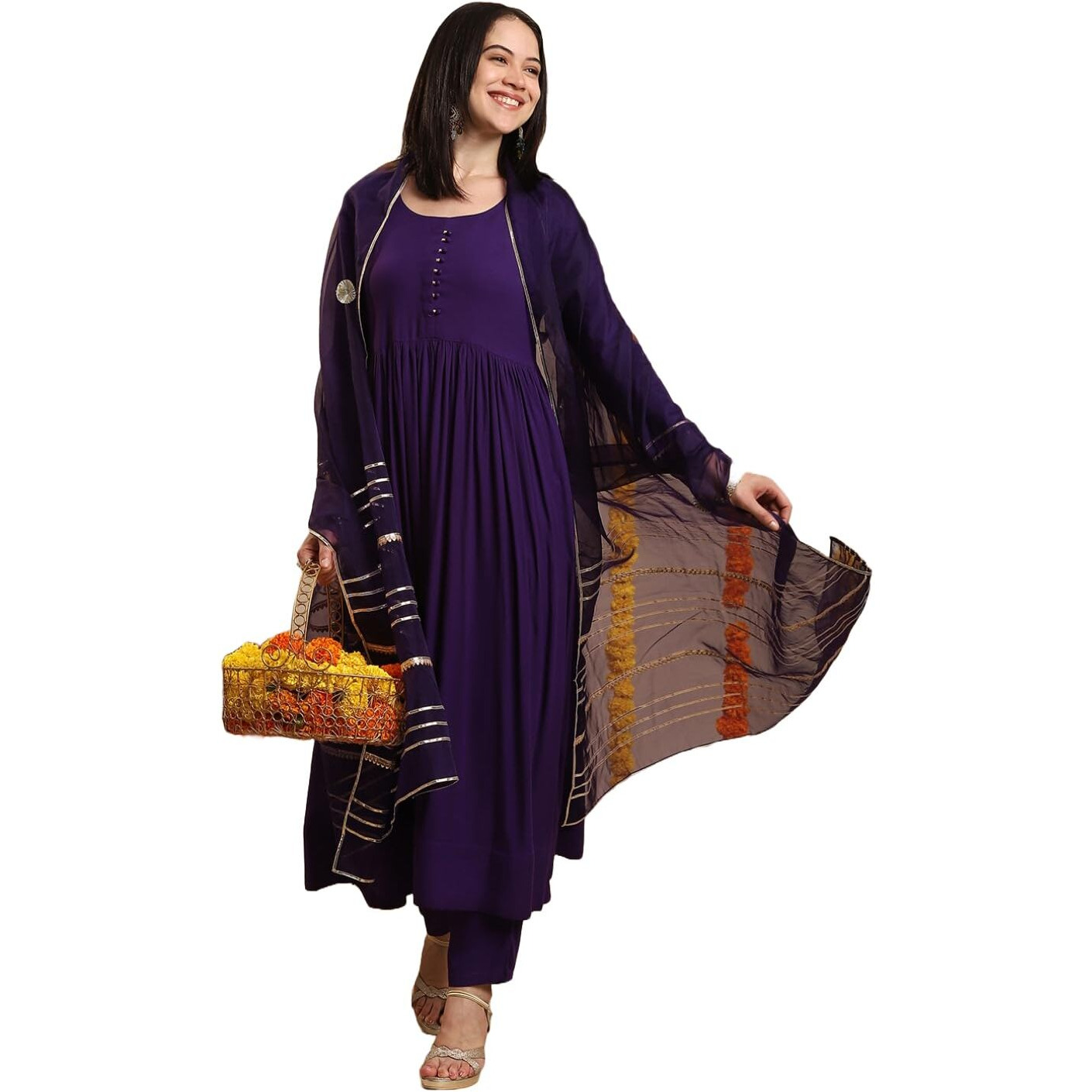 Gosriki Women's Rayon Blend Anarkali Solid Kurta With Pant & Dupatta (Jaynti Begani-Vks04-Gs_S_Begani_Small)