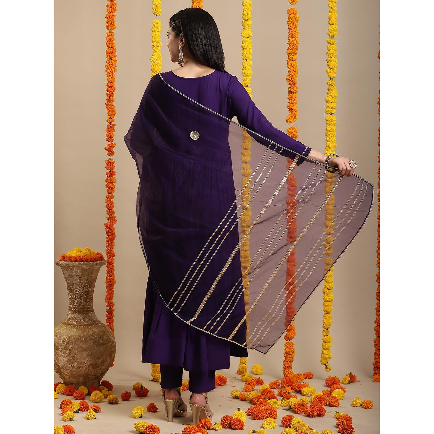 Gosriki Women's Rayon Blend Anarkali Solid Kurta With Pant & Dupatta (Jaynti Begani-Vks04-Gs_S_Begani_Small)