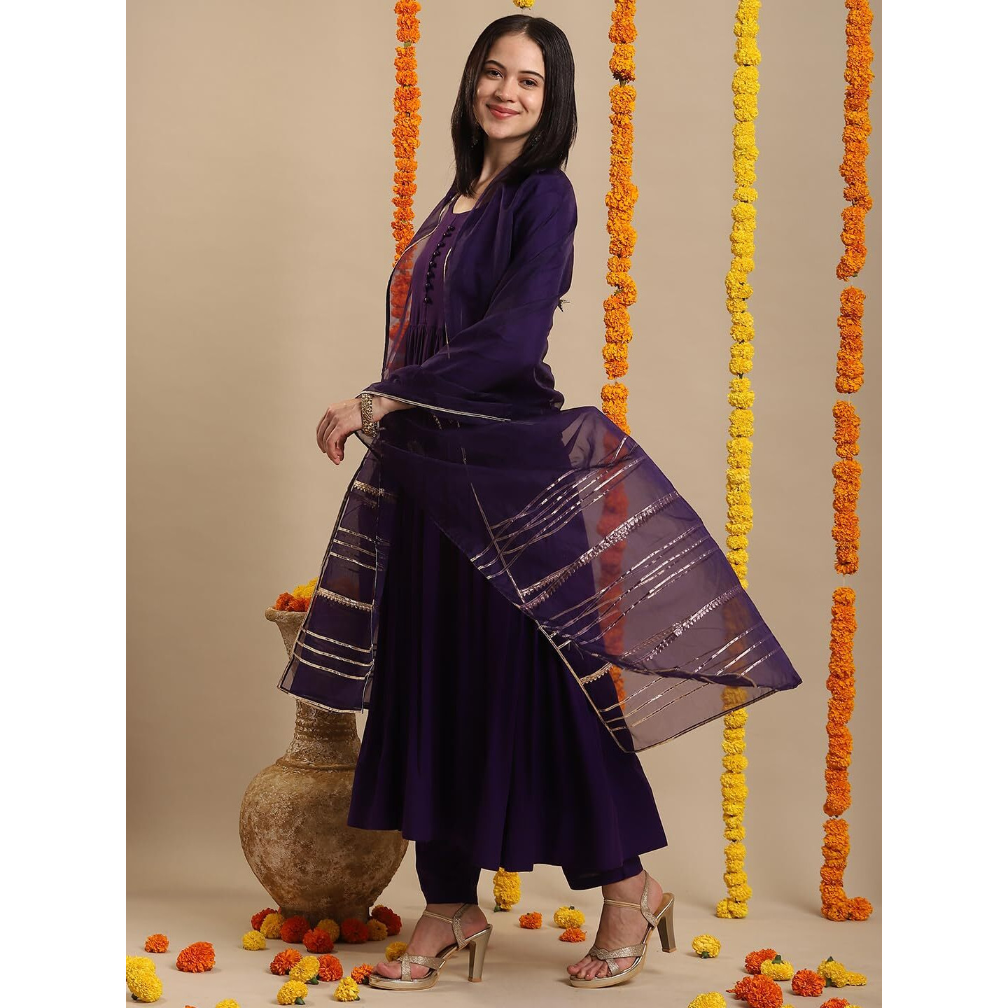 Gosriki Women's Rayon Blend Anarkali Solid Kurta With Pant & Dupatta (Jaynti Begani-Vks04-Gs_S_Begani_Small)