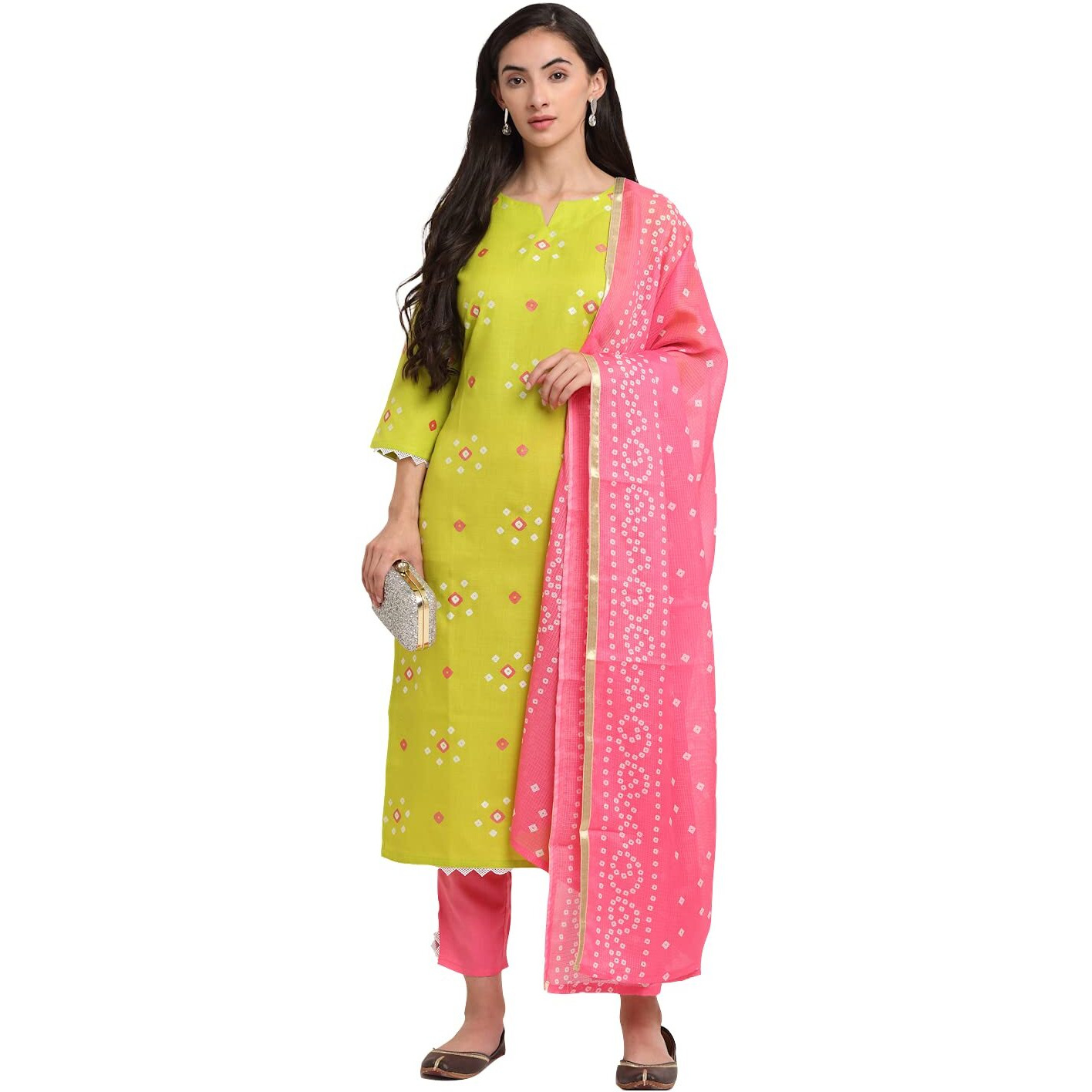 Gosriki Women's Cotton Straight Kurta With Pant & Dupatta (Jinal Light Green_L-Go_Light Green_Large)
