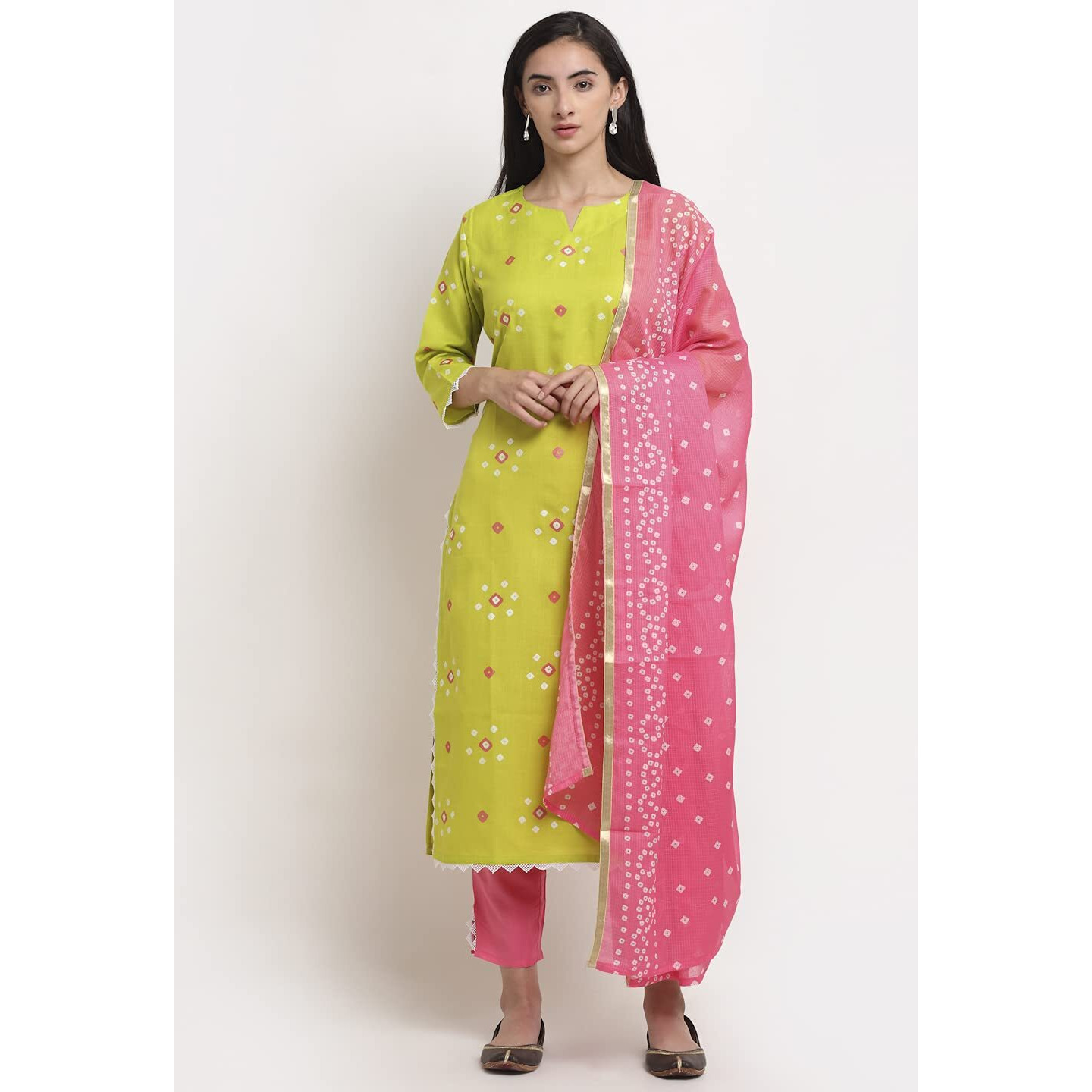 Gosriki Women's Cotton Straight Kurta With Pant & Dupatta (Jinal Light Green_L-Go_Light Green_Large)
