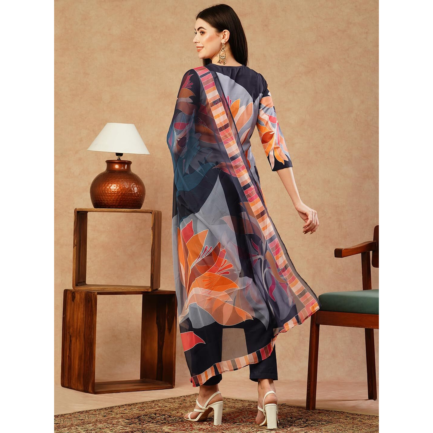 Gosriki Women's Cotton Blend Straight Printed Kurta With Pant & Dupatta (Khissu Navy Blue-Fka-Gs_S_Navy Blue_Small)