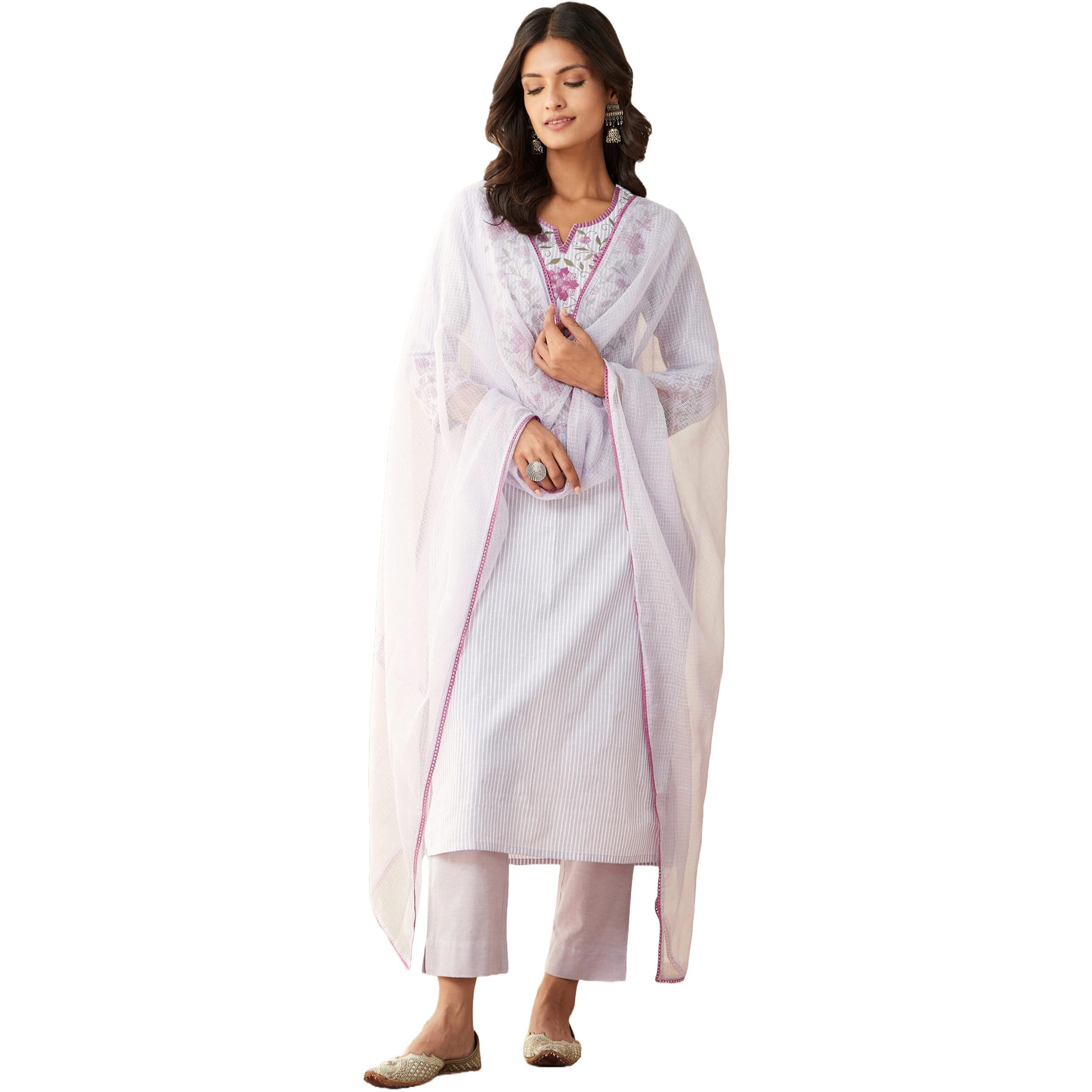 Gosriki Women's Cotton Blend Embroidered Straight Kurta With Pant & Dupatta (Farigup-Purple-Nw-Gs_L_Purple_Large)