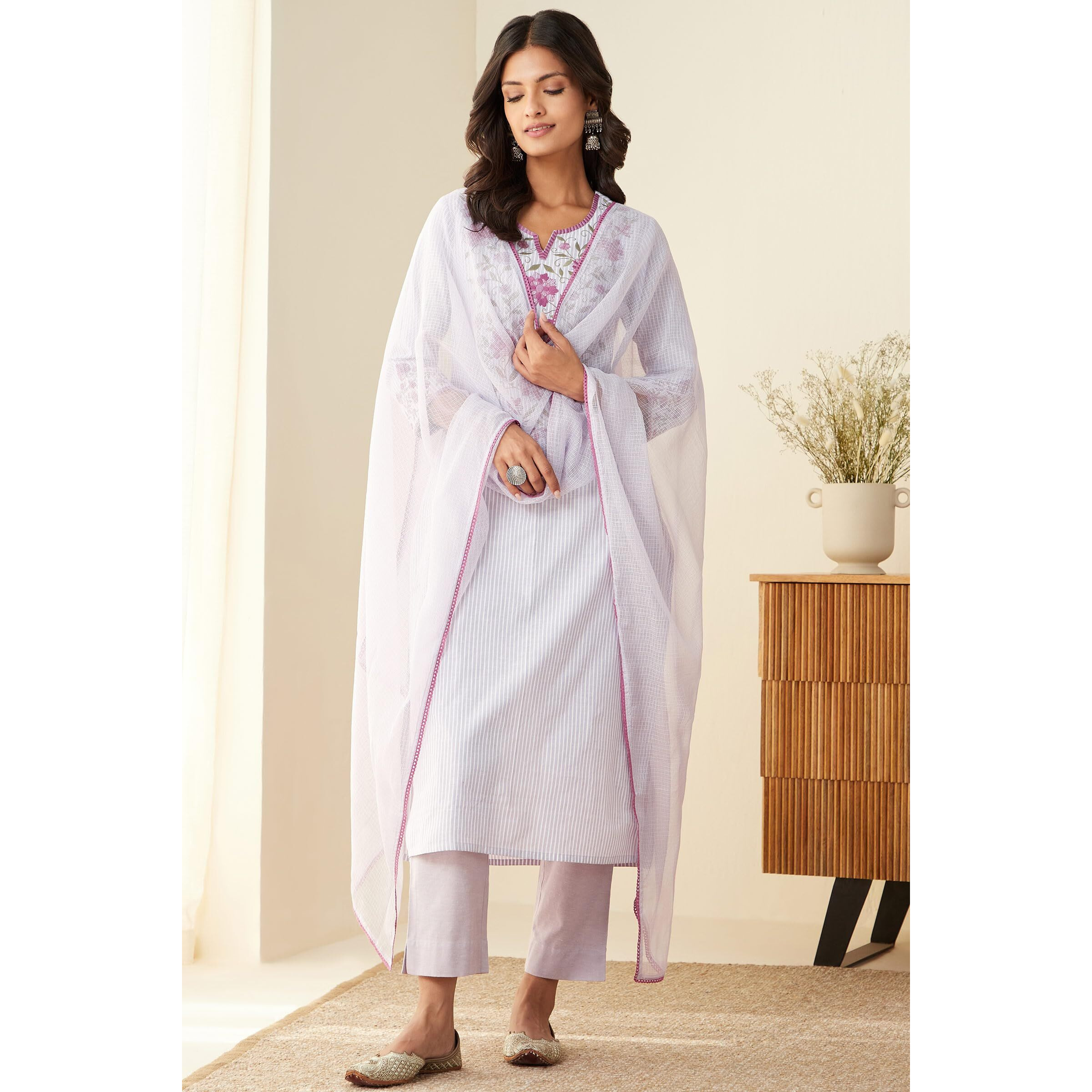 Gosriki Women's Cotton Blend Embroidered Straight Kurta With Pant & Dupatta (Farigup-Purple-Nw-Gs_L_Purple_Large)