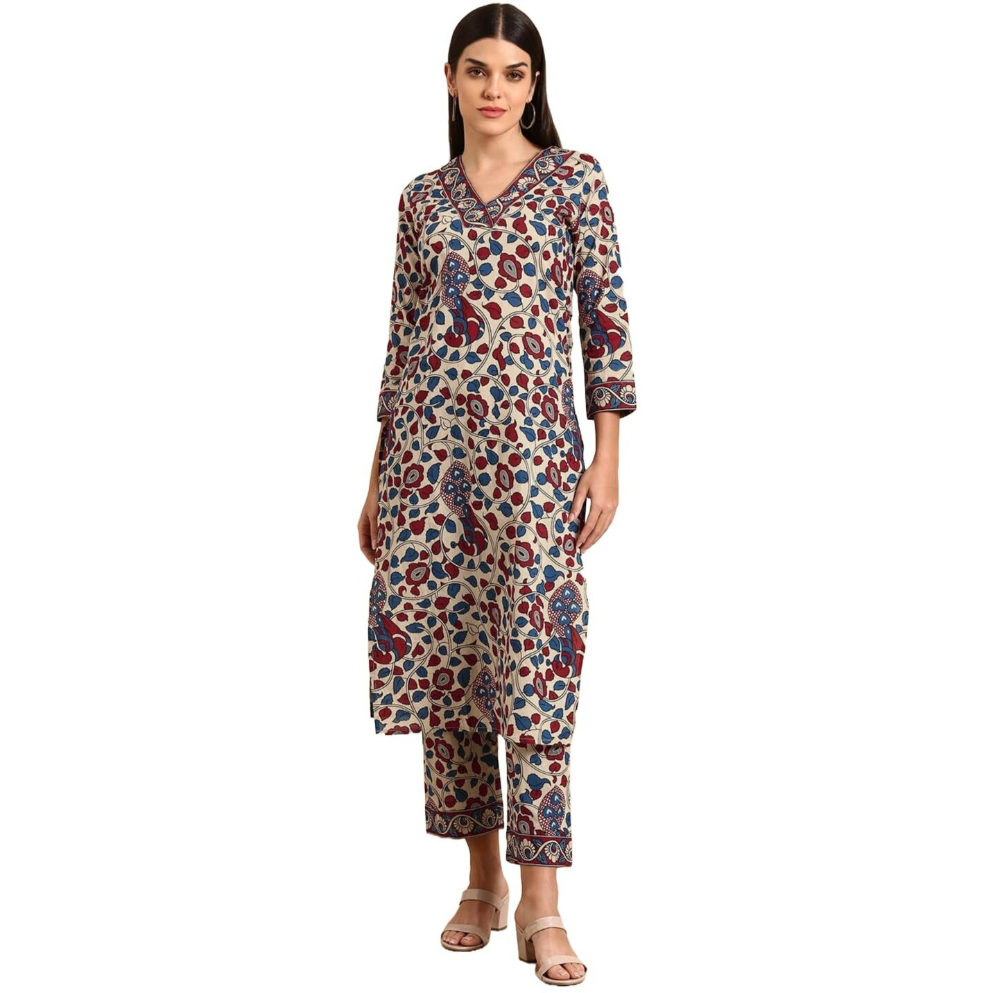 Gosriki Women's Rayon Blend Straight Printed Kurta With Pant (Nakari Cream-Gs_S_Cream_Small)