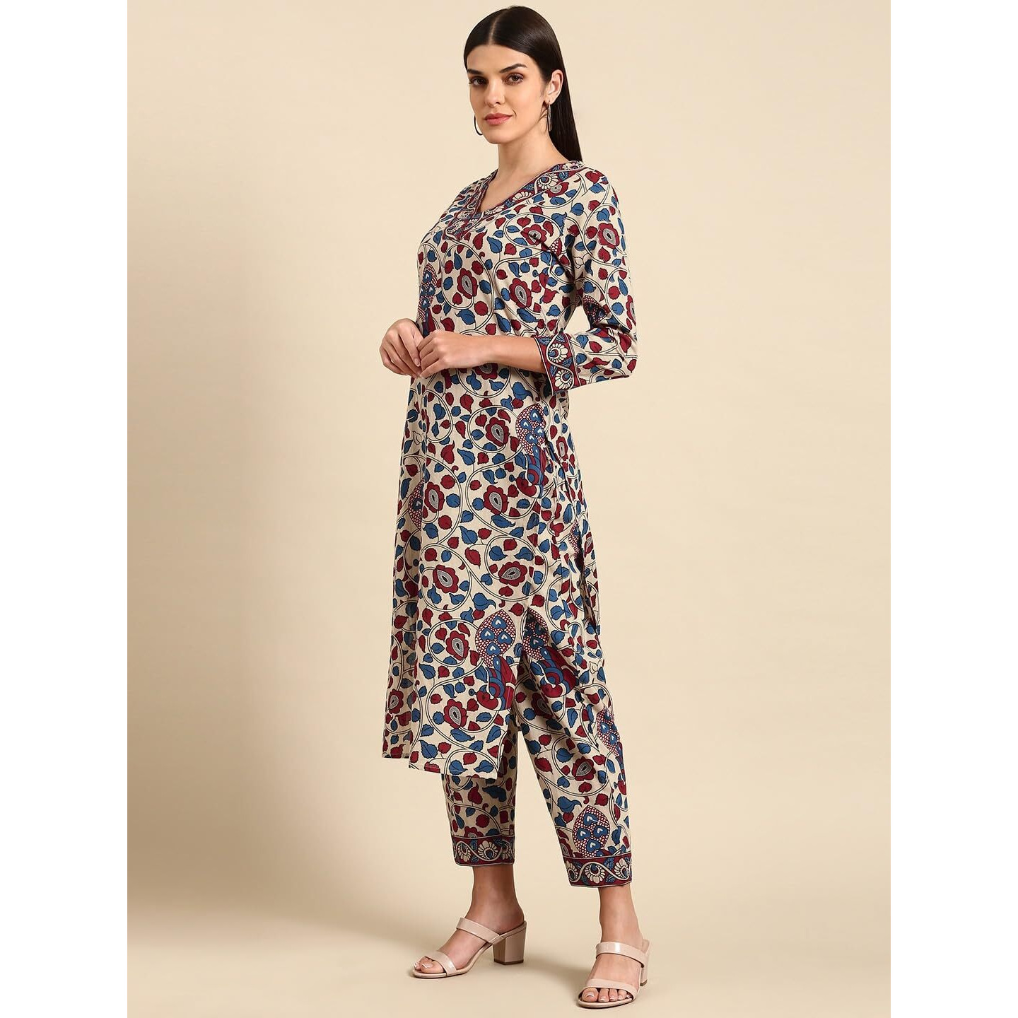 Gosriki Women's Rayon Blend Straight Printed Kurta With Pant (Nakari Cream-Gs_S_Cream_Small)