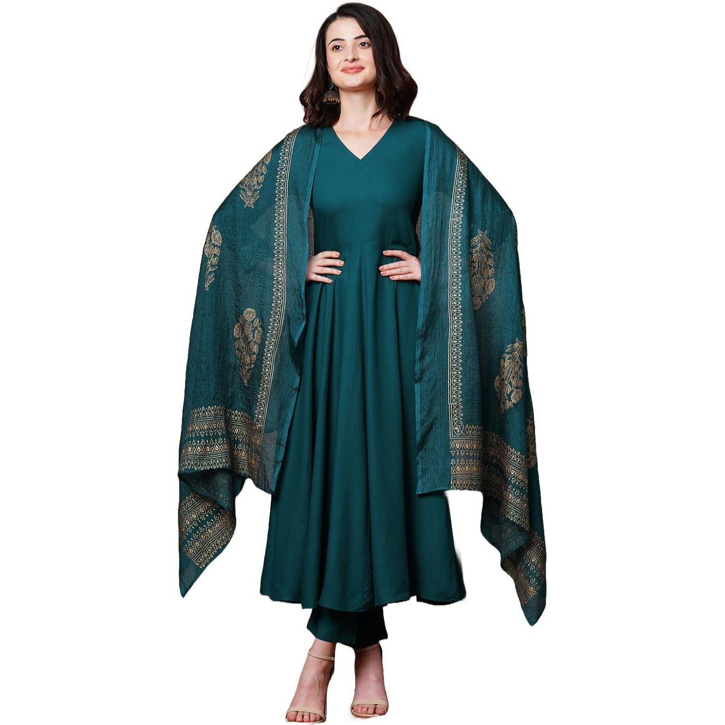 Gosriki Women's Rayon Blend Solid Anarkali Kurta With Pant & Dupatta (Magic-Kerosin-Nb-Gs_Xxl_Dark Blue_Xx-Large)