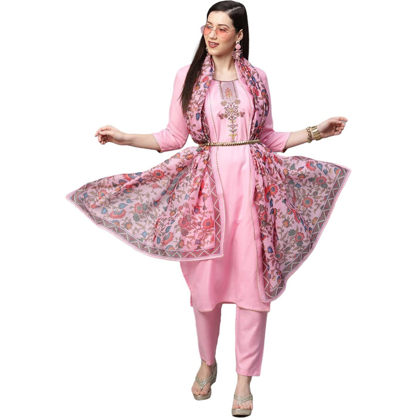 Gosriki Women's Cotton Blend Solid Straight Kurta With Pant & Dupatta (Authentic-Baby Pink_S-Gs_Baby Pink_S-Gs-Gsmall)