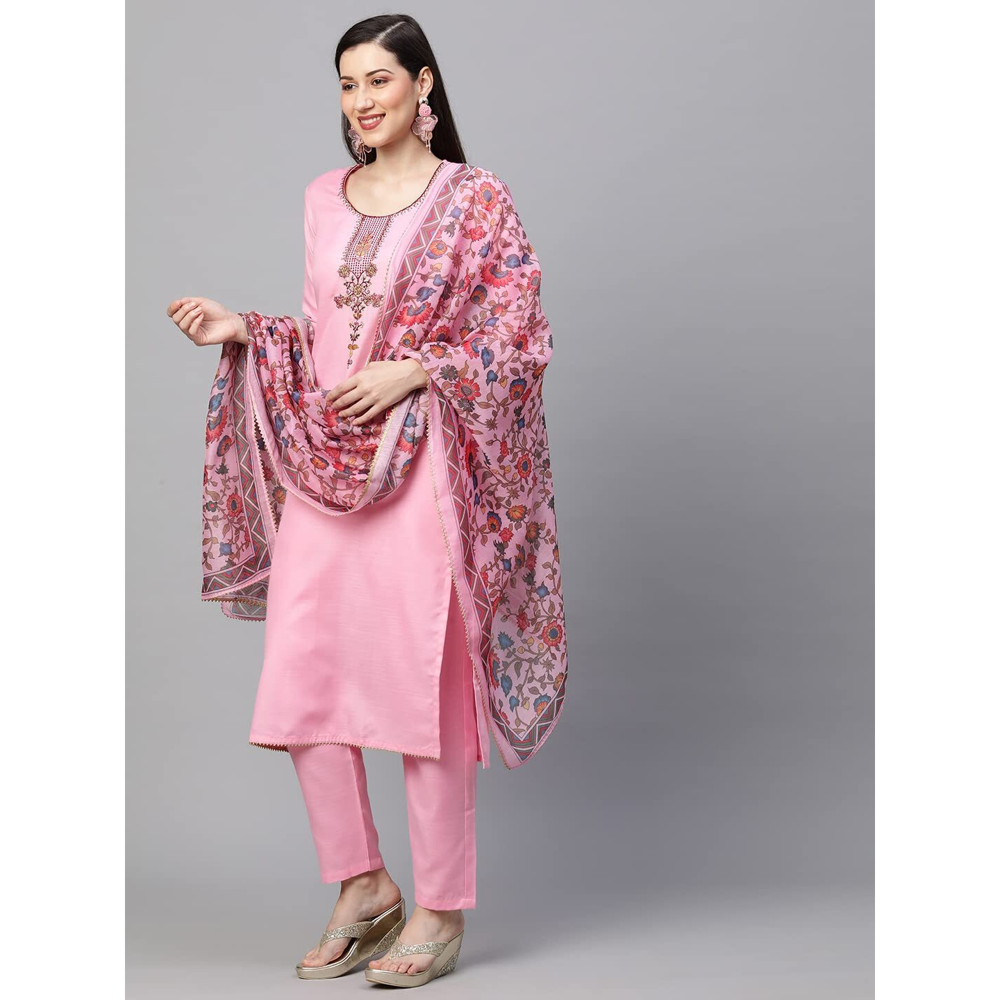 Gosriki Women's Cotton Blend Solid Straight Kurta With Pant & Dupatta (Authentic-Baby Pink_S-Gs_Baby Pink_S-Gs-Gsmall)