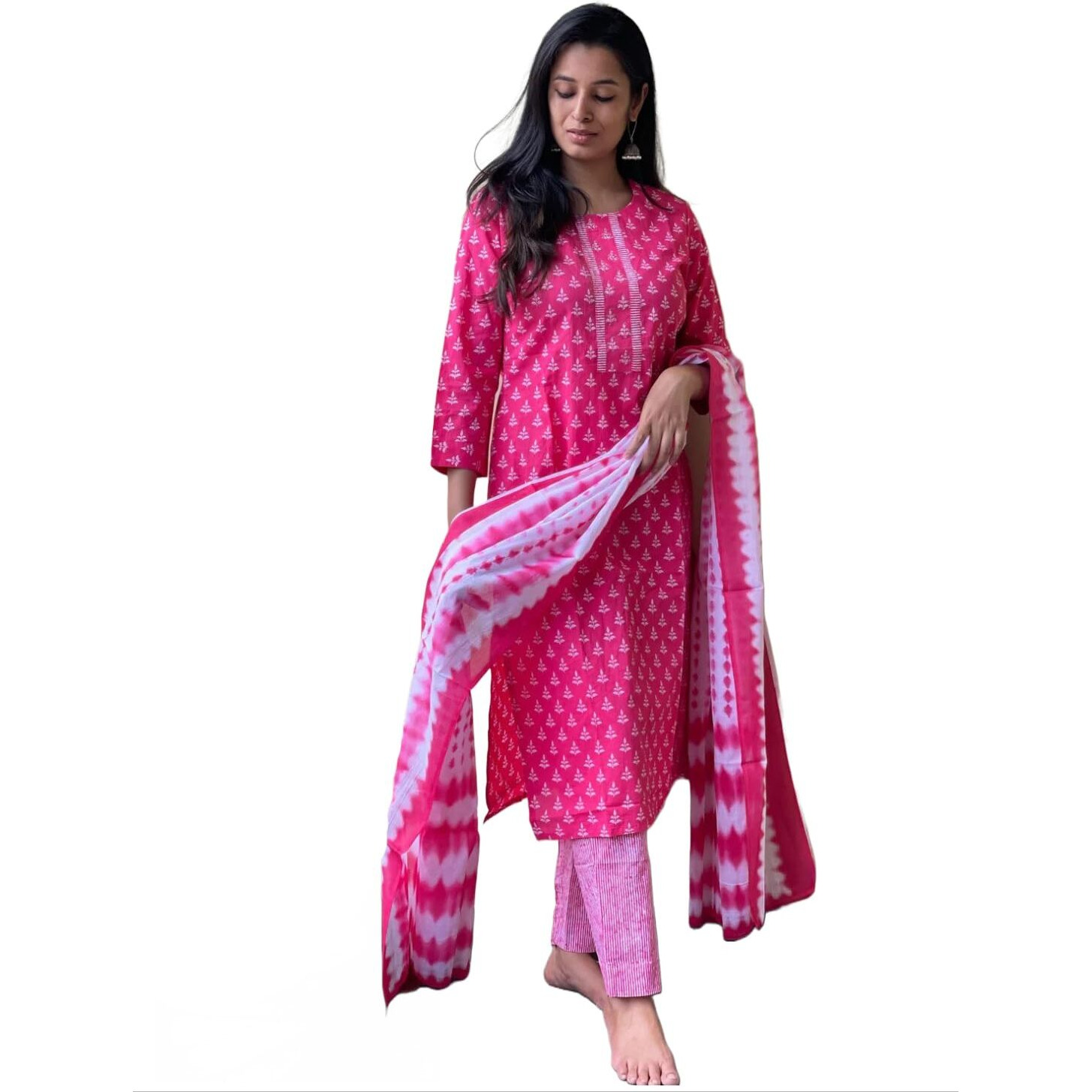 Gosriki Women's Cotton Blend Straight Printed Kurta With Pant & Dupatta (Noor Pink-Gs_Xxl_Pink_Xx-Large)