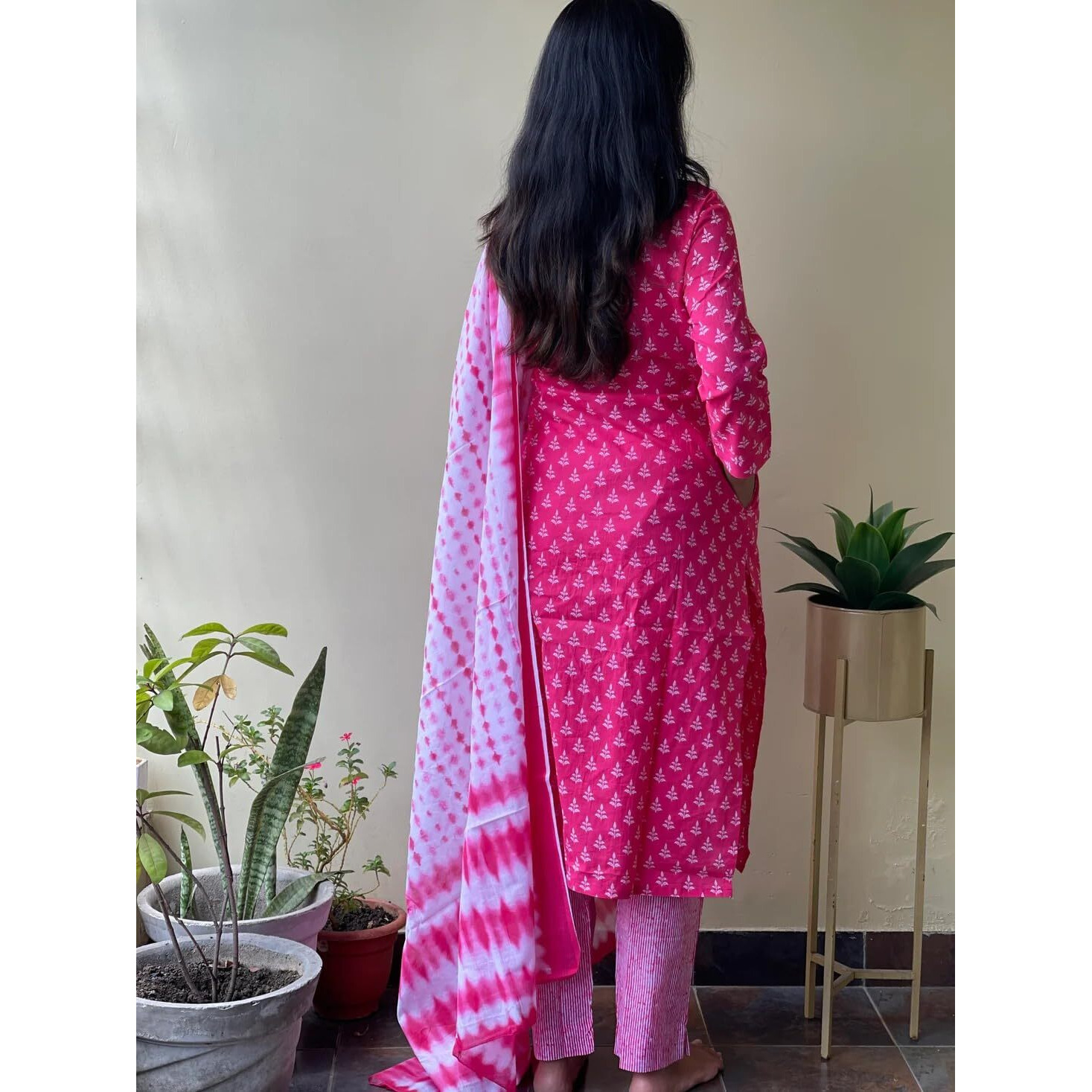 Gosriki Women's Cotton Blend Straight Printed Kurta With Pant & Dupatta (Noor Pink-Gs_Xxl_Pink_Xx-Large)