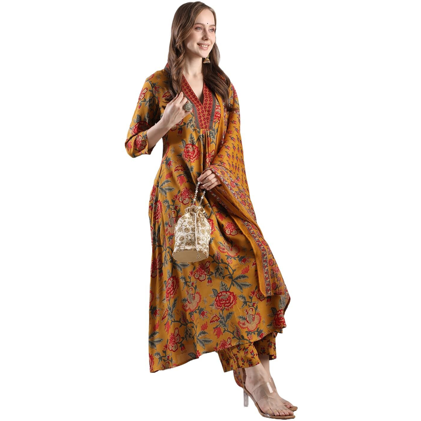 Gosriki Women's Rayon Blend Anarkali Printed Kurta With Palazzo & Dupatta (Cia Yellow-Vks05-Gs_M_Yellow_Medium)