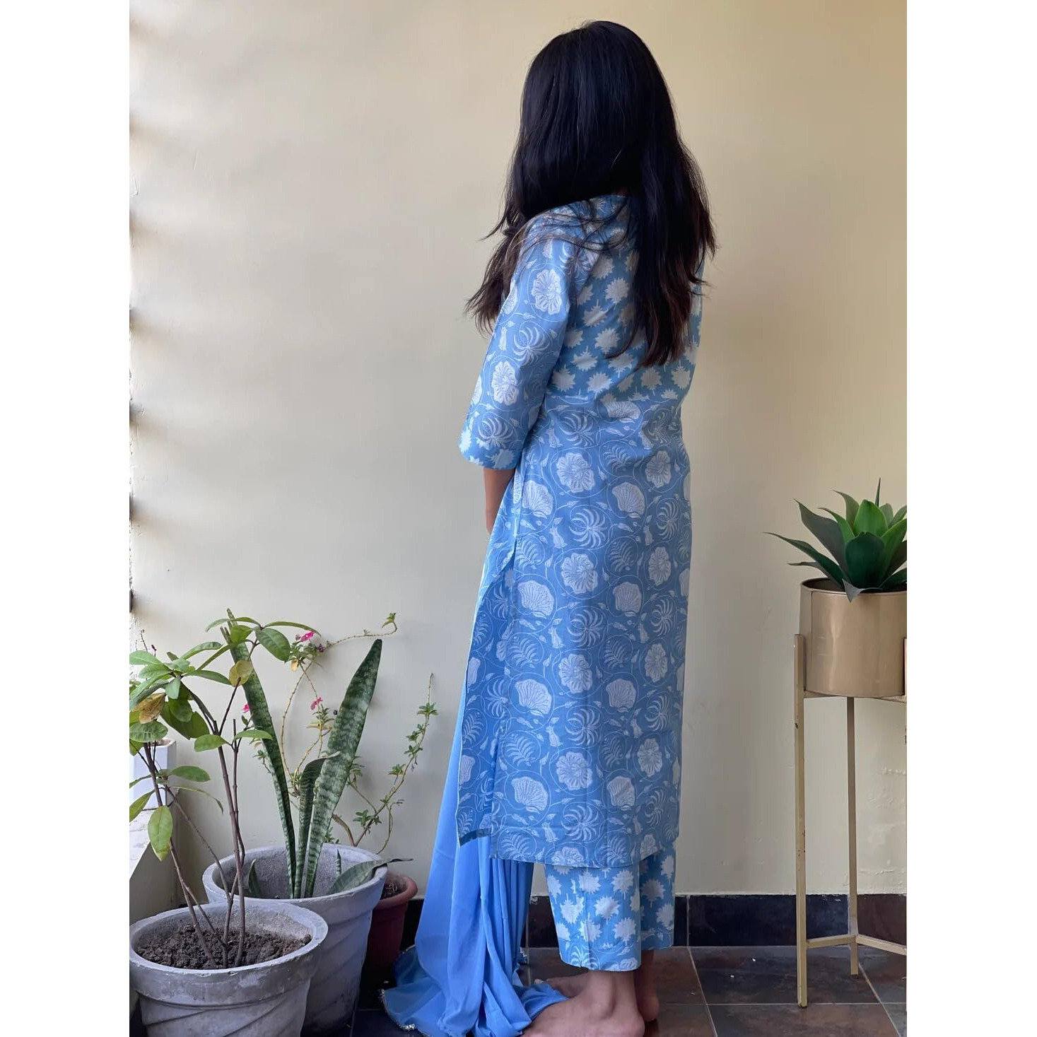 Gosriki Women's Cotton Blend Straight Printed Kurta With Pant & Dupatta (Paridhi Blue-Gs_M_Blue_Medium)