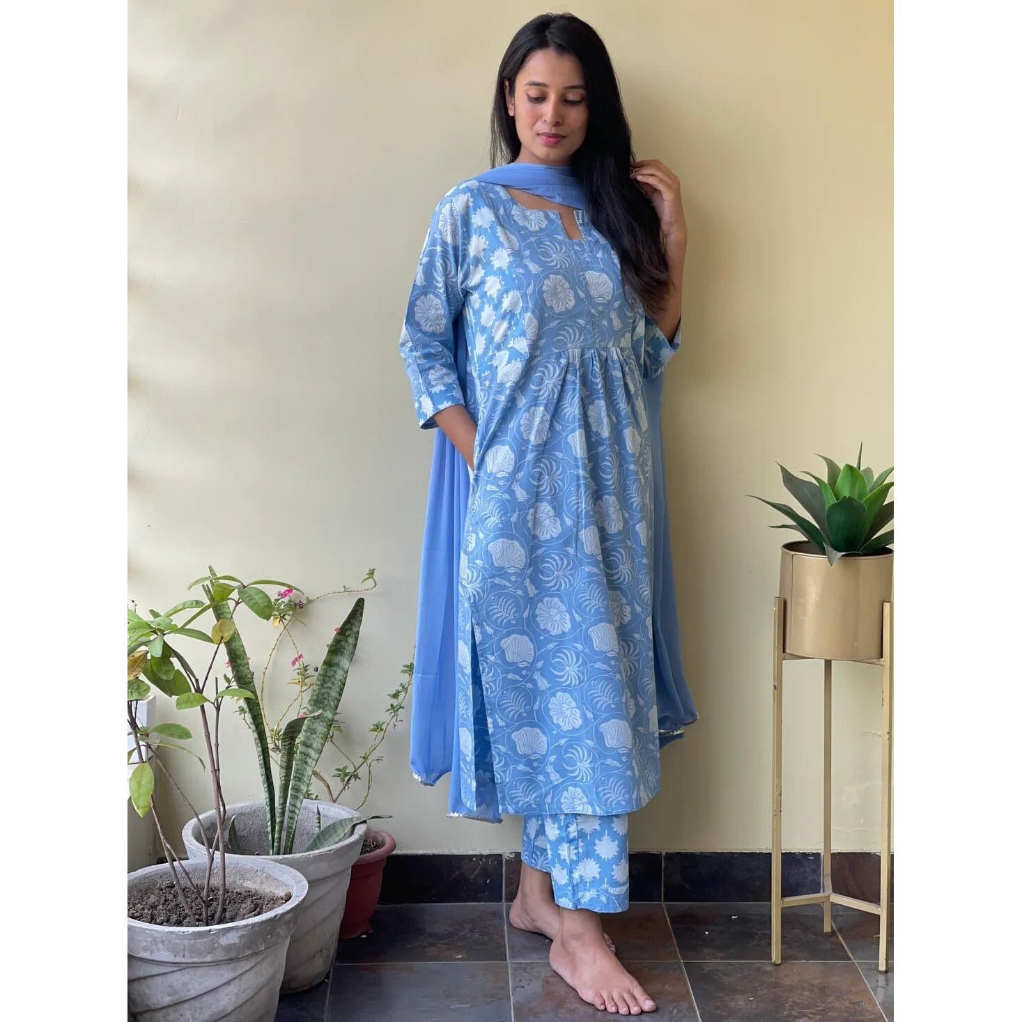 Gosriki Women's Cotton Blend Straight Printed Kurta With Pant & Dupatta (Paridhi Blue-Gs_M_Blue_Medium)