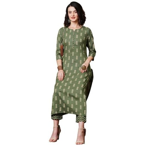 Gosriki Women's Cotton Blend Straight Printed Kurta With Pant (Irm55 Green-Gs_S_Green_Small)