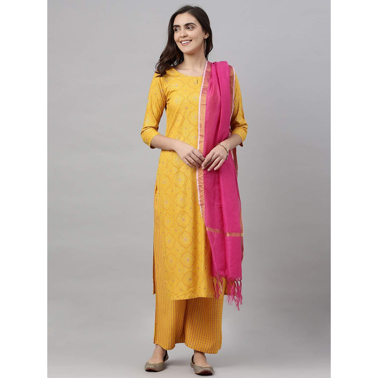 Gosriki Women's Rayon Kurta, Palazzos And Dupatta (Client-Yellow_S-Go Small)