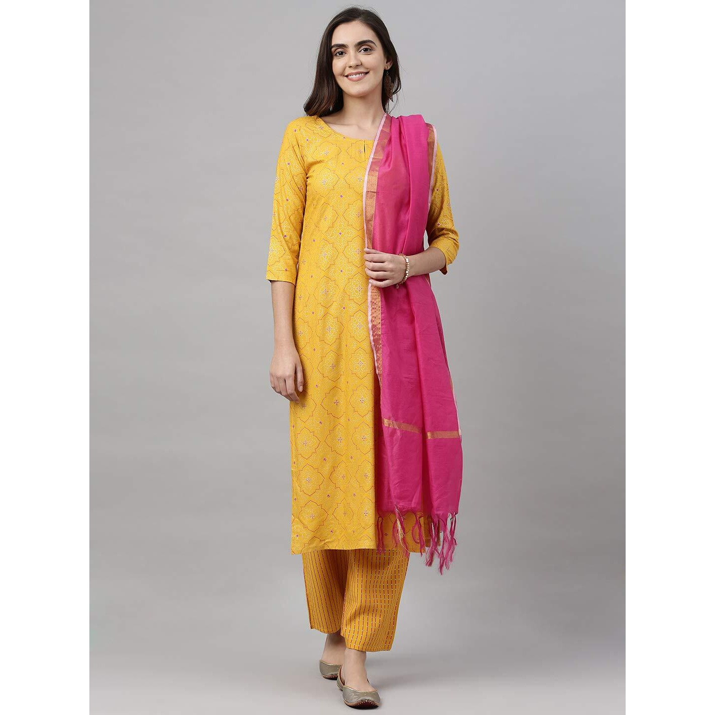 Gosriki Women's Rayon Kurta, Palazzos And Dupatta (Client-Yellow_S-Go Small)