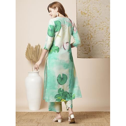 Gosriki Women's Rayon Blend Straight Printed Kurta With Palazzo (Swans See Green-Vks04-Gs_Xl_See Green_X-Large)