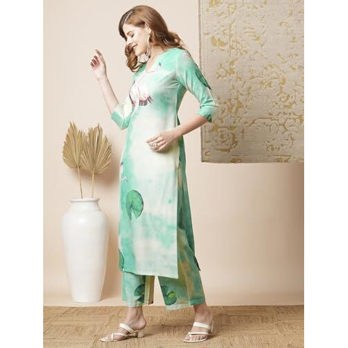 Gosriki Women's Rayon Blend Straight Printed Kurta With Palazzo (Swans See Green-Vks04-Gs_Xl_See Green_X-Large)