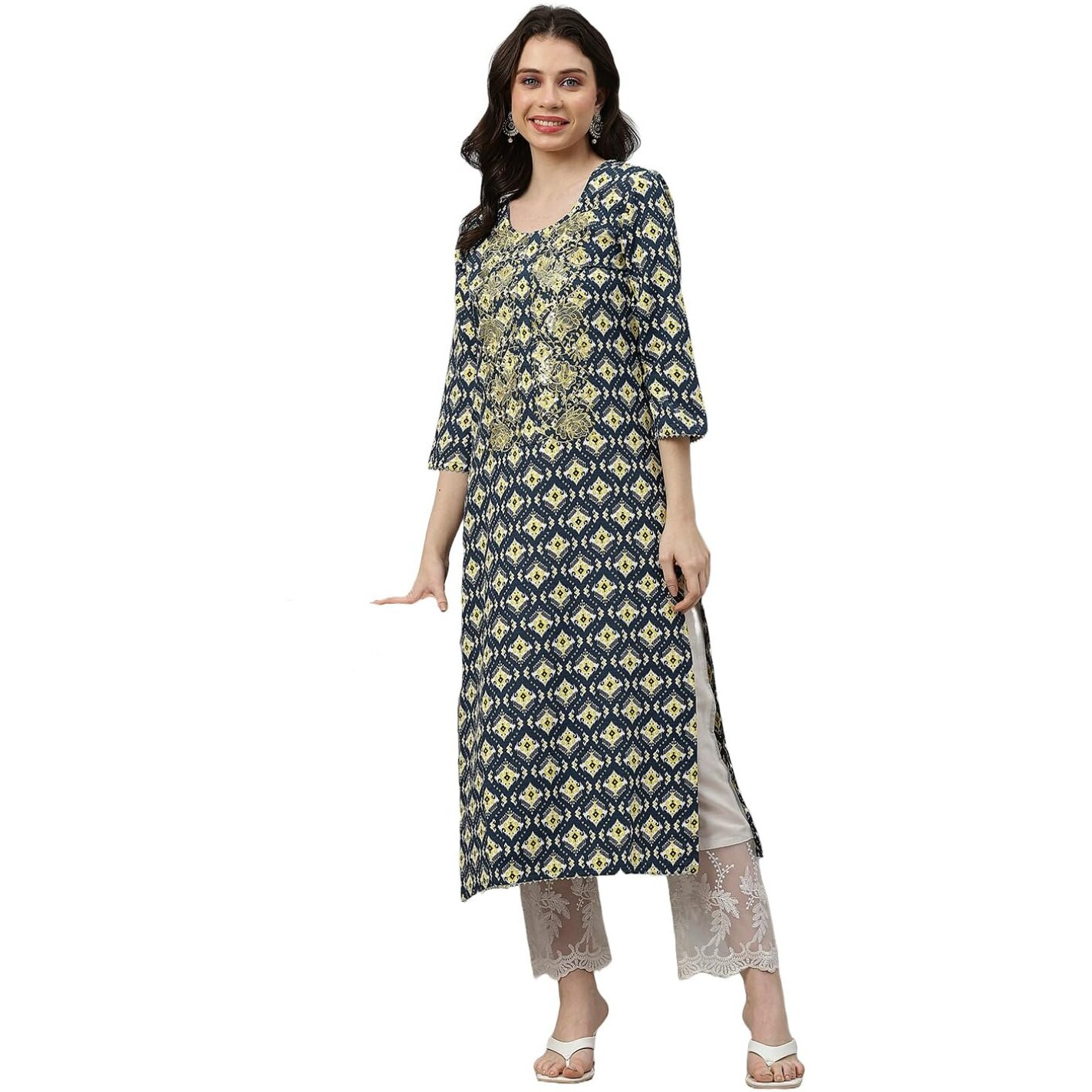 Gosriki Women's Cotton Blend Printed & Embroidered Straight Kurta (Ladai Blue-Gs_S_Blue_Small)