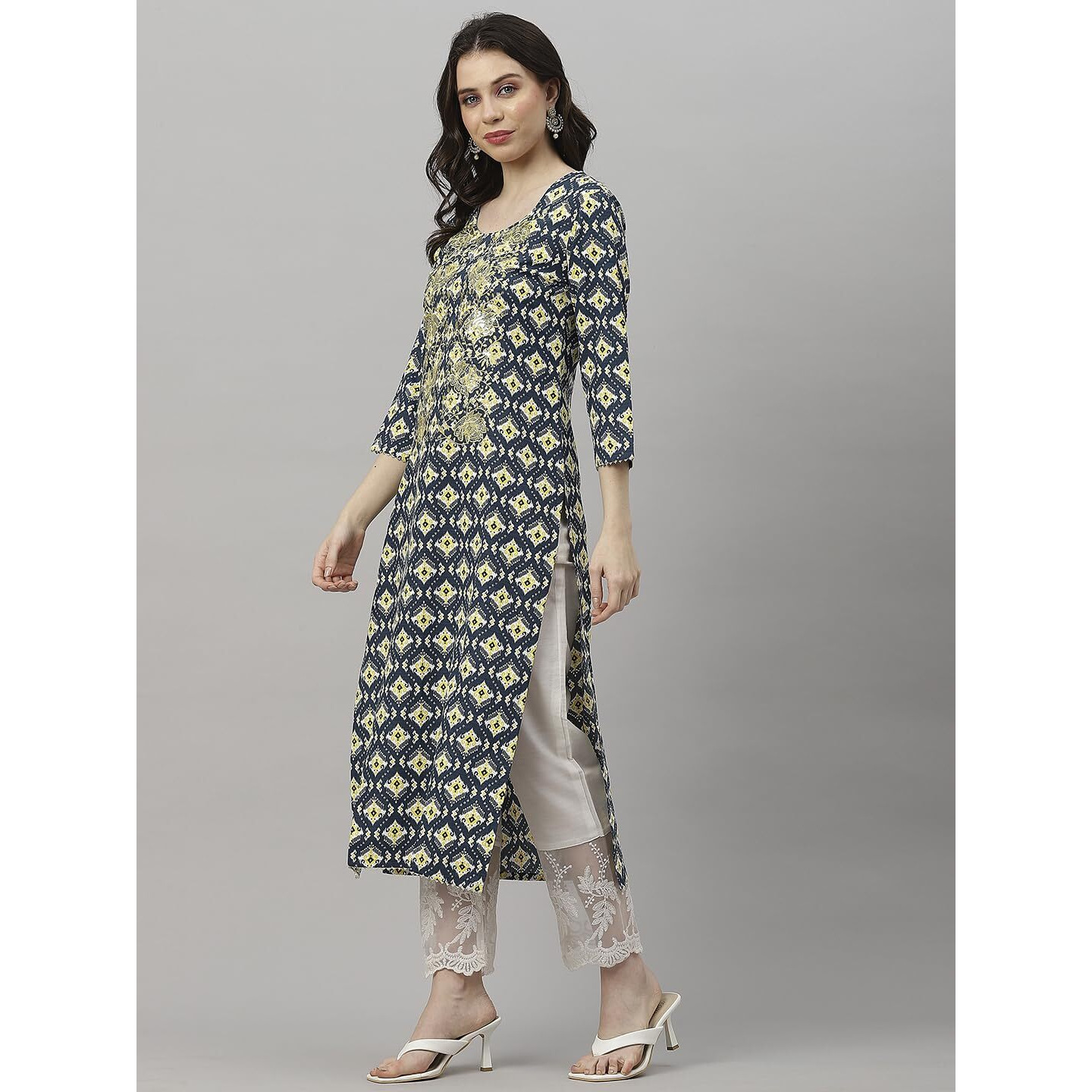 Gosriki Women's Cotton Blend Printed & Embroidered Straight Kurta (Ladai Blue-Gs_S_Blue_Small)