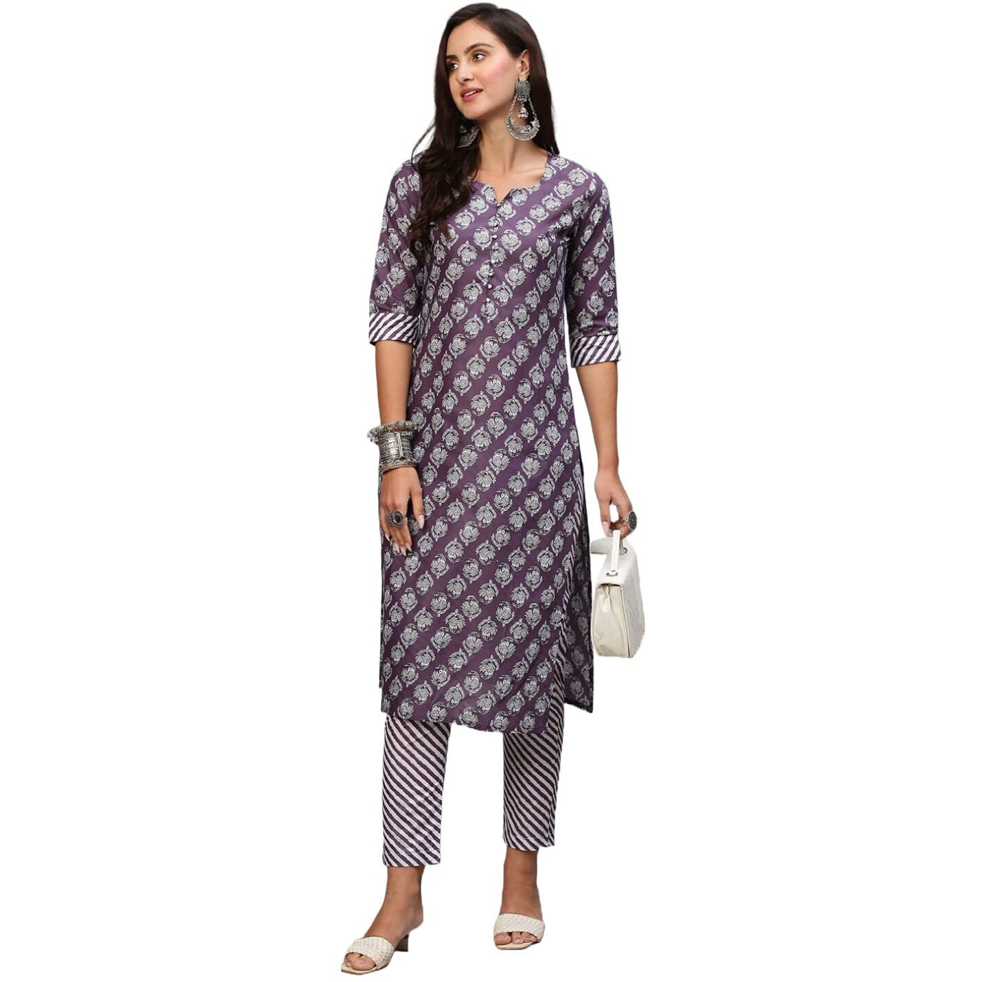 Gosriki Women's Cotton Blend Printed Straight Kurta With Pant (Funnu Purple-Nwfb06-Gs_Xl_Purple_X-Large)
