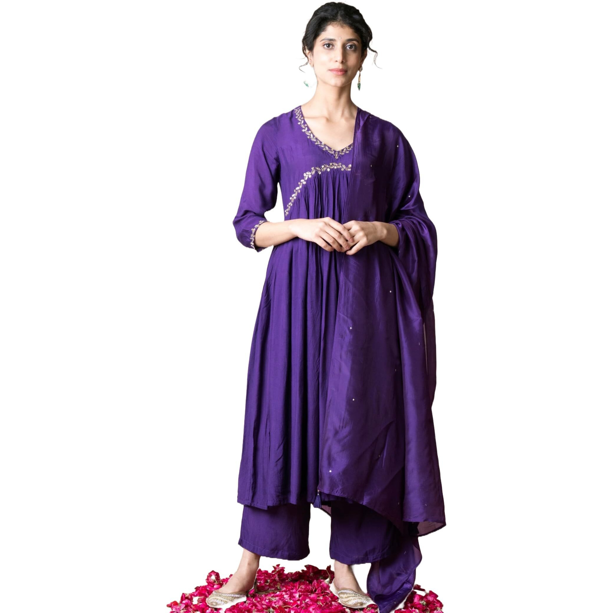 Gosriki Women's Rayon Blend Anarkali Embroidered Kurta With Pant & Dupatta (Nachiket Begani-Gs_Xxl_Begani_Xx-Large)