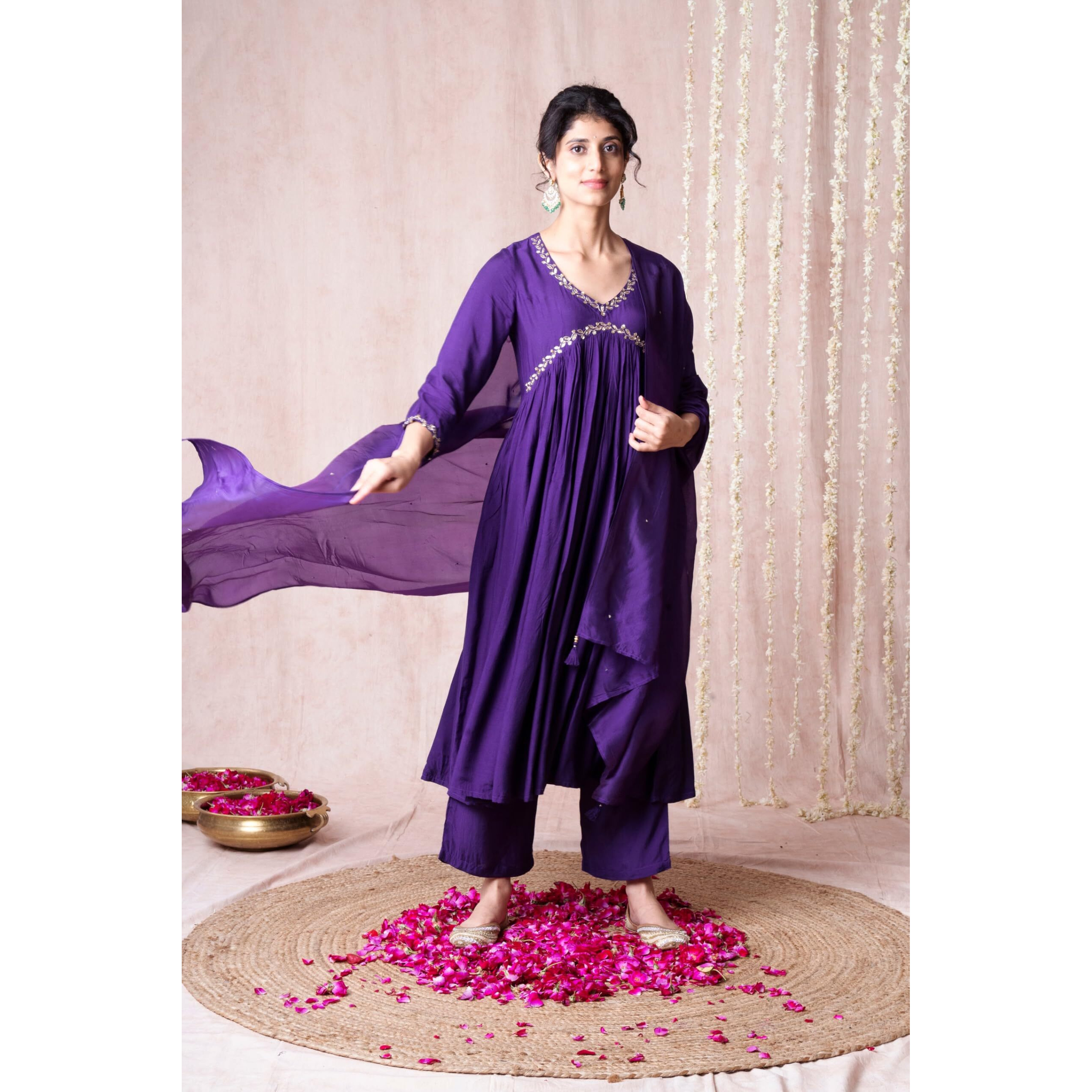 Gosriki Women's Rayon Blend Anarkali Embroidered Kurta With Pant & Dupatta (Nachiket Begani-Gs_Xxl_Begani_Xx-Large)