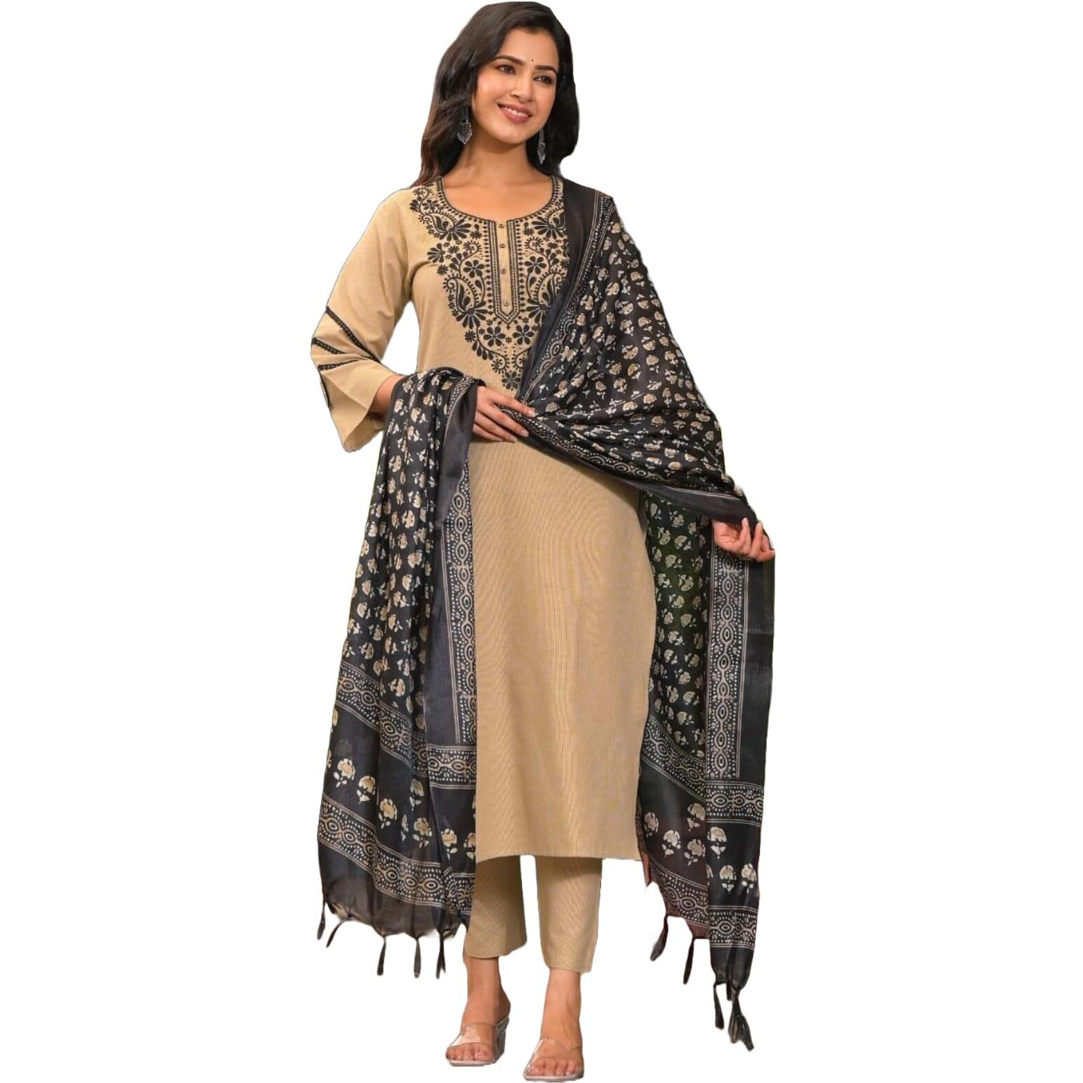 Gosriki Women's Rayon Blend Straight Embroidered Kurta With Pant & Dupatta (Soul Chiku-Gs_M_Beige_Medium)
