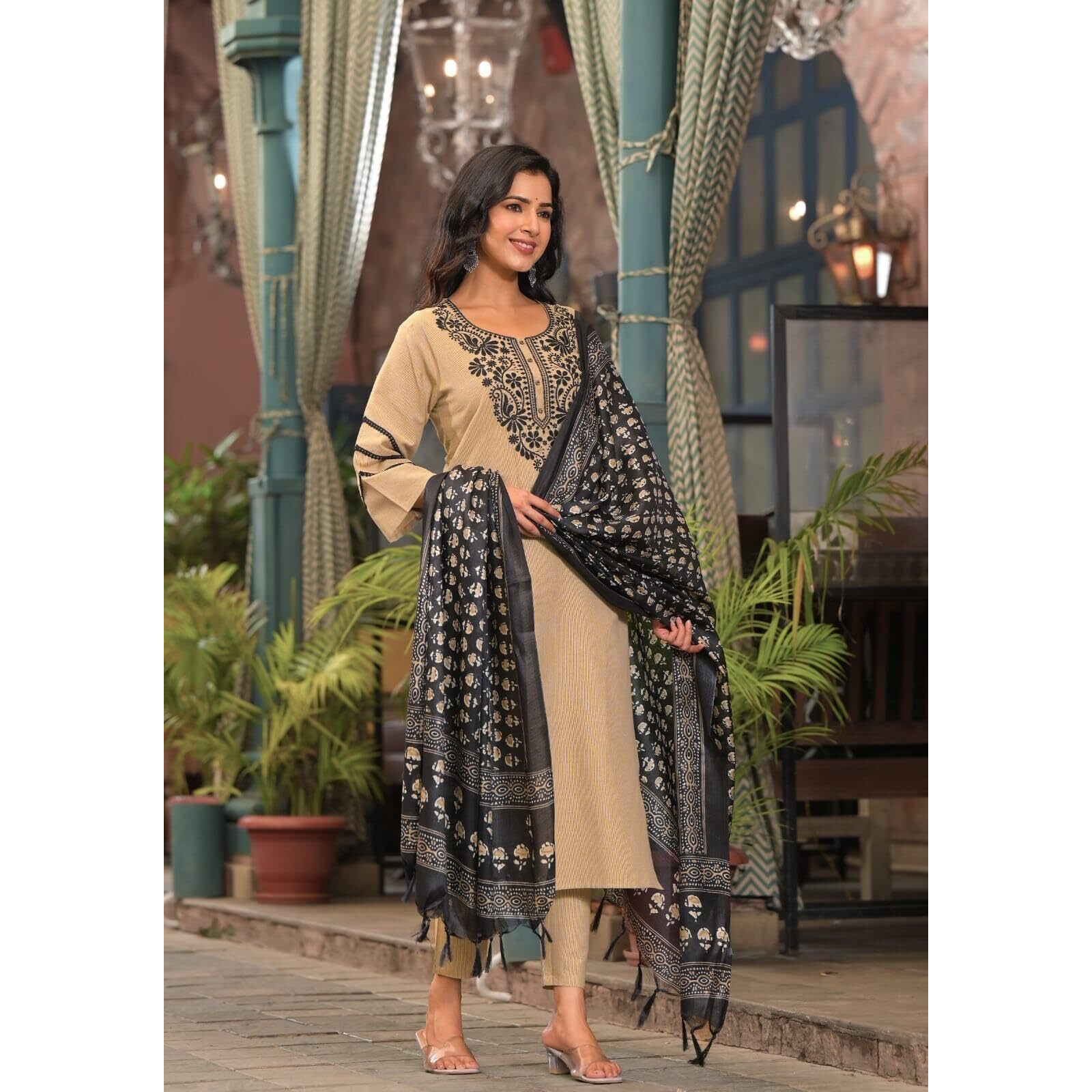 Gosriki Women's Rayon Blend Straight Embroidered Kurta With Pant & Dupatta (Soul Chiku-Gs_M_Beige_Medium)